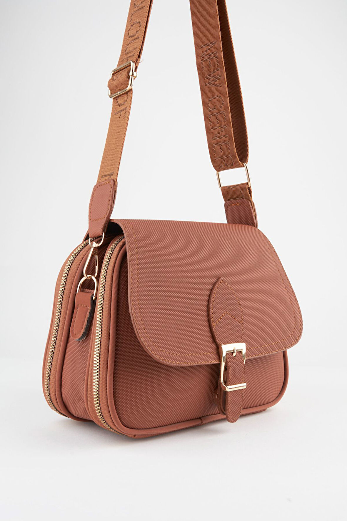 Kadın Yonca Taba 4 Cepli Kapaklı Kolon Askılı Fermuar ve Çıt Çıt Kapama El Kol Ve Omuz Çantası