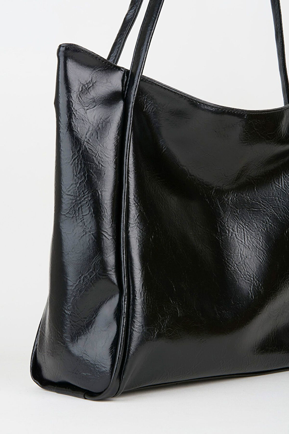 Kadın Torba Siyah Kırışık Suni Deri Büyük Boy Fermuar Kapama El Kol Ve Omuz Çantası