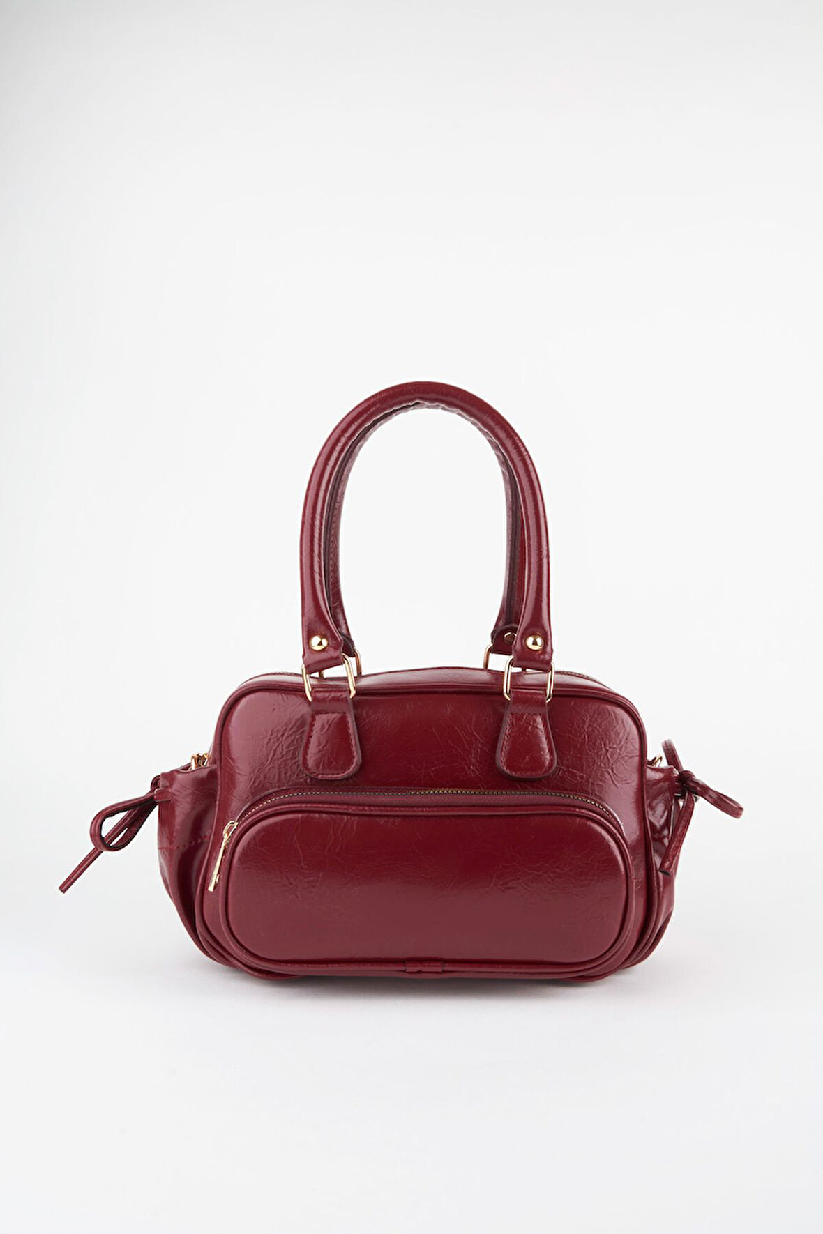 Kadın Mila Bordo Kırışık Parlak Suni Deri Fermuar Kapama Askılı El Kol Ve Omuz Çantası