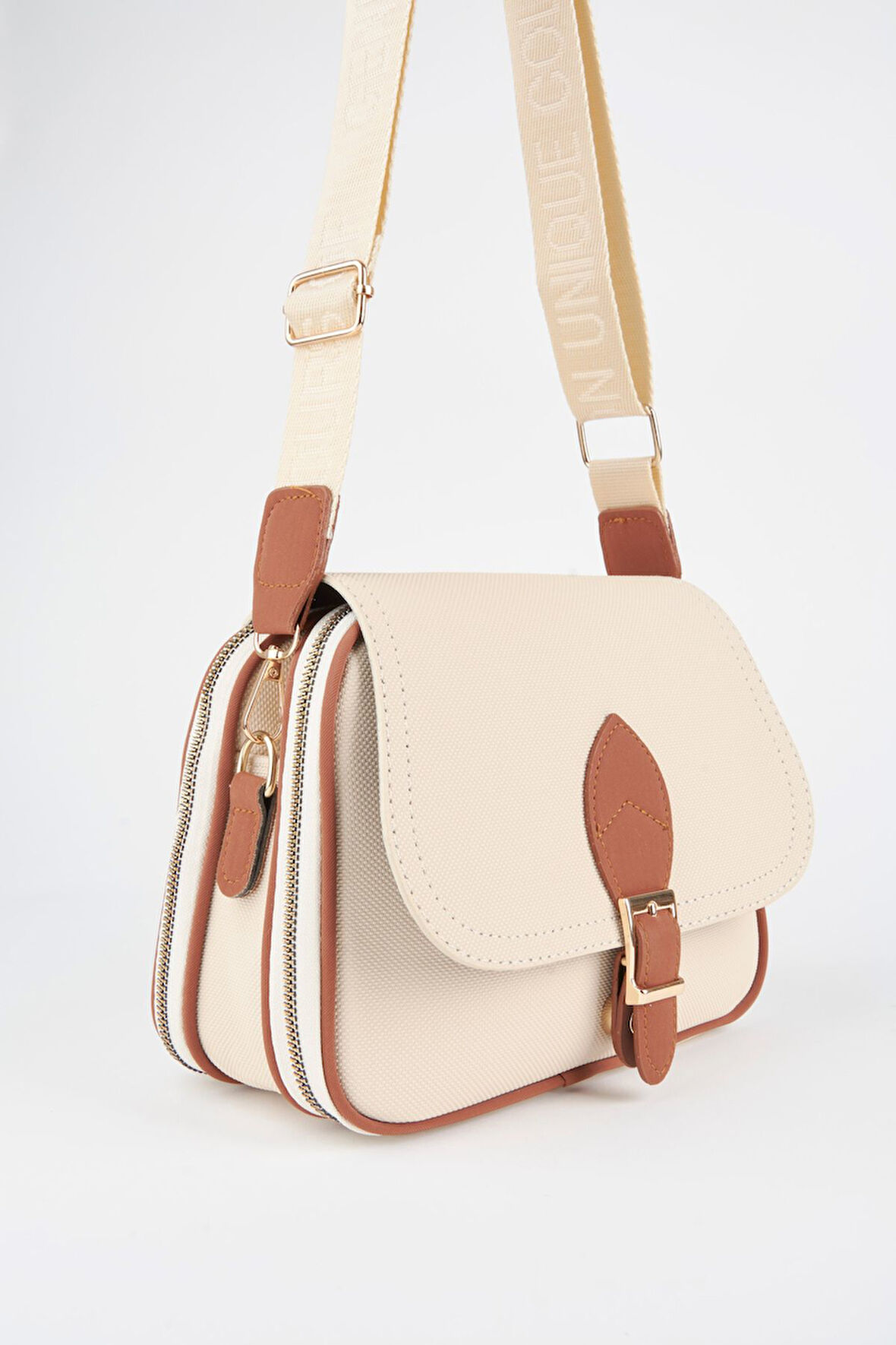 Kadın Yonca Krem Taba 4 Cepli Kapaklı Fermuar ve Çıt Çıt Kapama Kol Ve Omuz Çantası