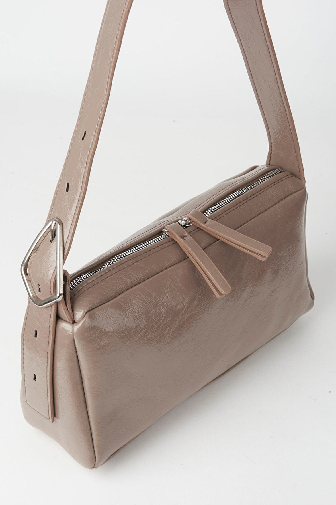 Kadın Hatmi Koyu Vizon Baget Tasarım Askılı Astarlı Suni Deri Fermuar Kapama El Ve Omuz Çantası