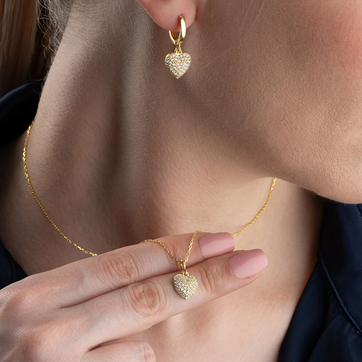 Vaoov 925 Ayar Gümüş 2li Taşlı Kalp Set