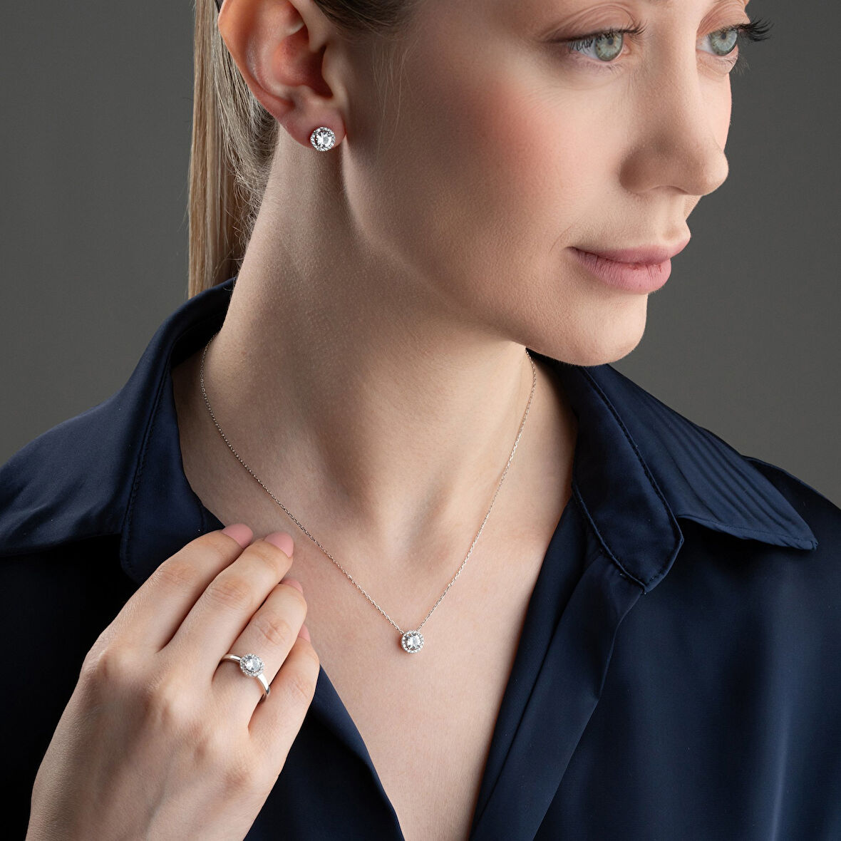 Vaoov 925 Ayar Gümüş Rodyumlu 3lü Tektaş Set