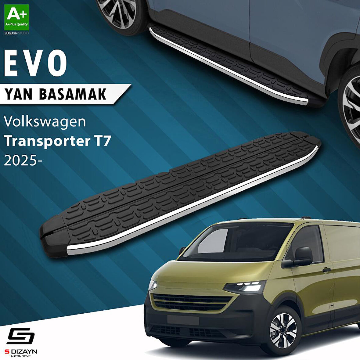 S-Dizayn VW Transporter T7 Kısa Şase Evo Krom Yan Basamak 223 Cm 2024 Üzeri A+ Kalite