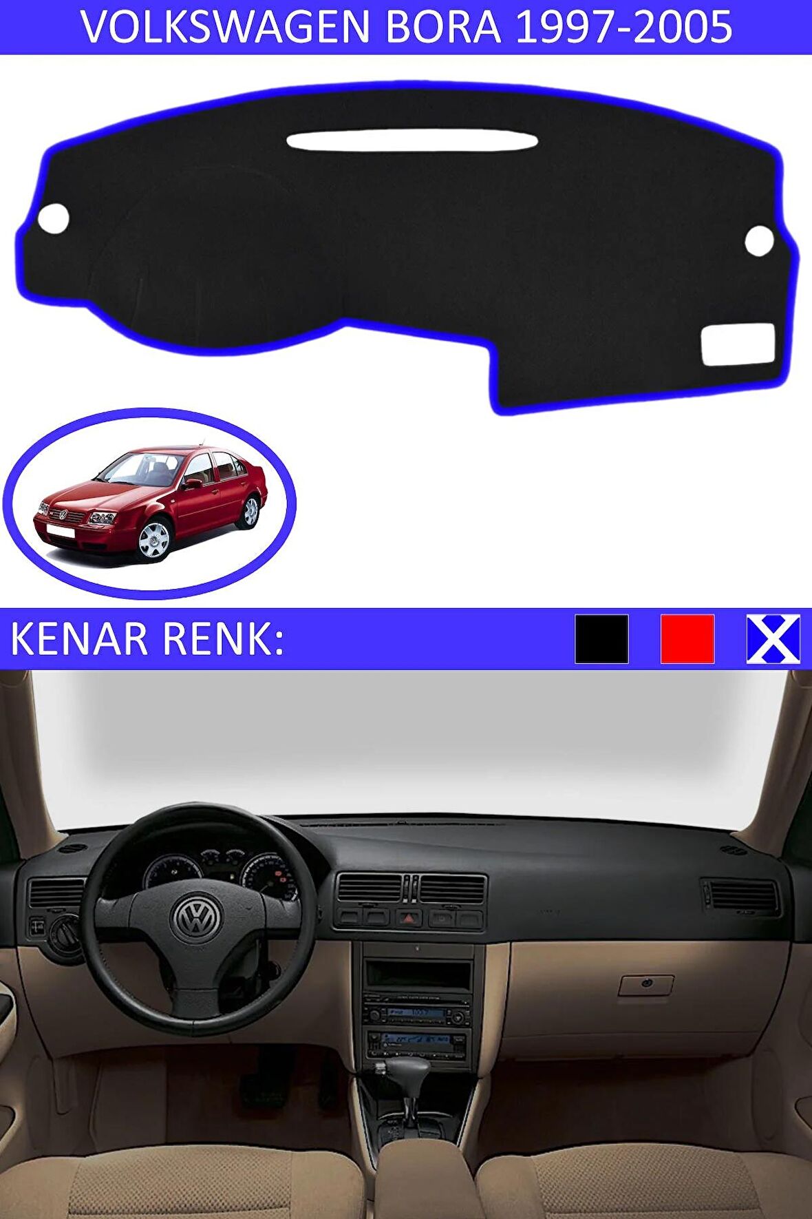 Volkswagen Caddy 2004+ İçin Uygun Torpido Koruma Halısı Siyah Kenar Renk Mavi