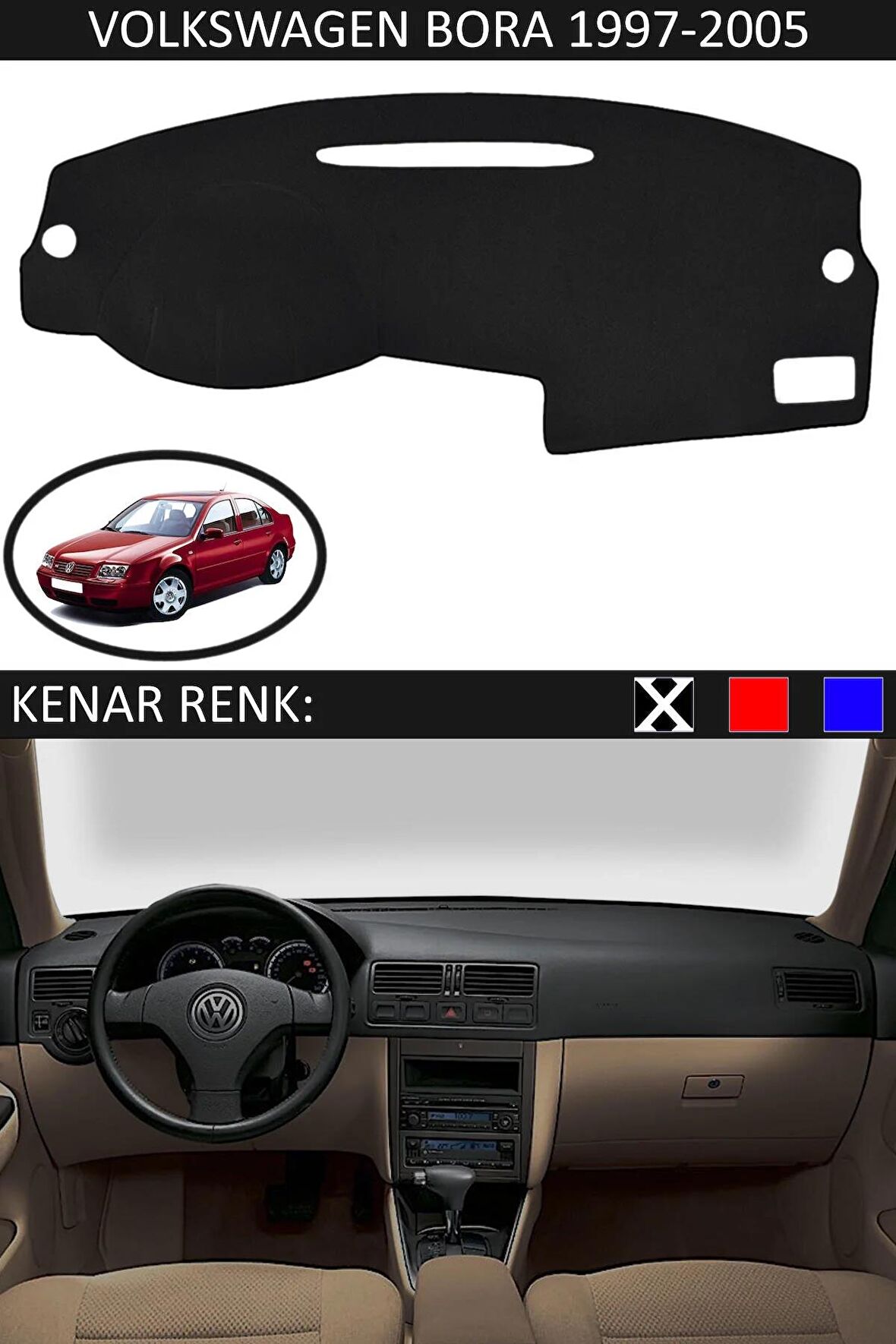 Volkswagen Caddy 2004+ İçin Uygun Torpido Koruma Halısı Siyah Kenar Renk Siyah