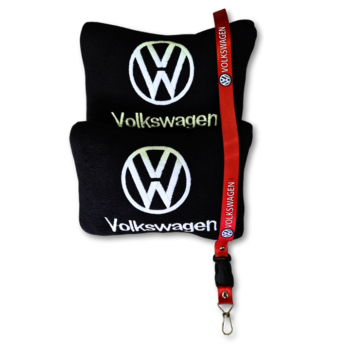 Volkswagen Uyumlu Siyah Polar Ortopedik Araç Koltuk Seyahat Boyun Yastık & Kırmızı Oto Ayna Askısı