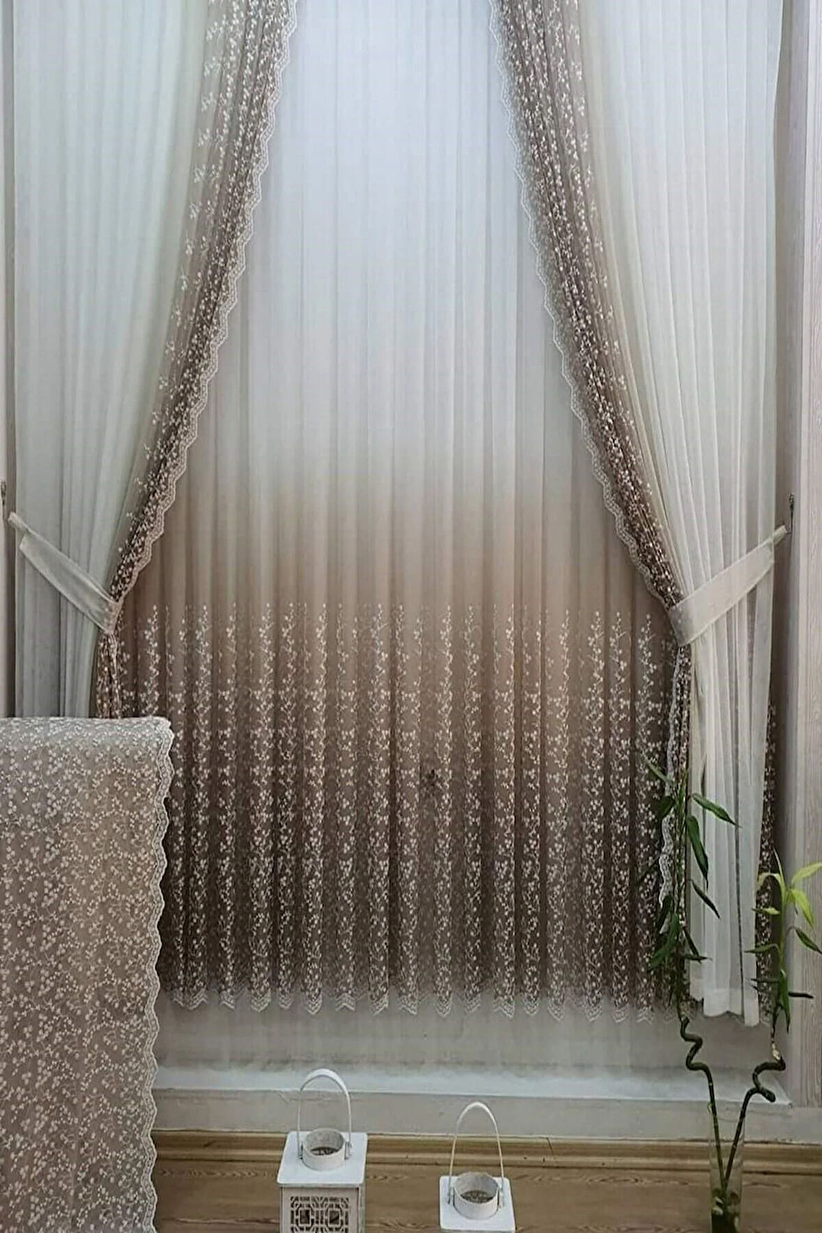 Bej Vizon Açık Kahve Renk Sağ Sol Kanat Fon ve İç Tül Takım Kombin Papatyalı Degrade Tül Perde