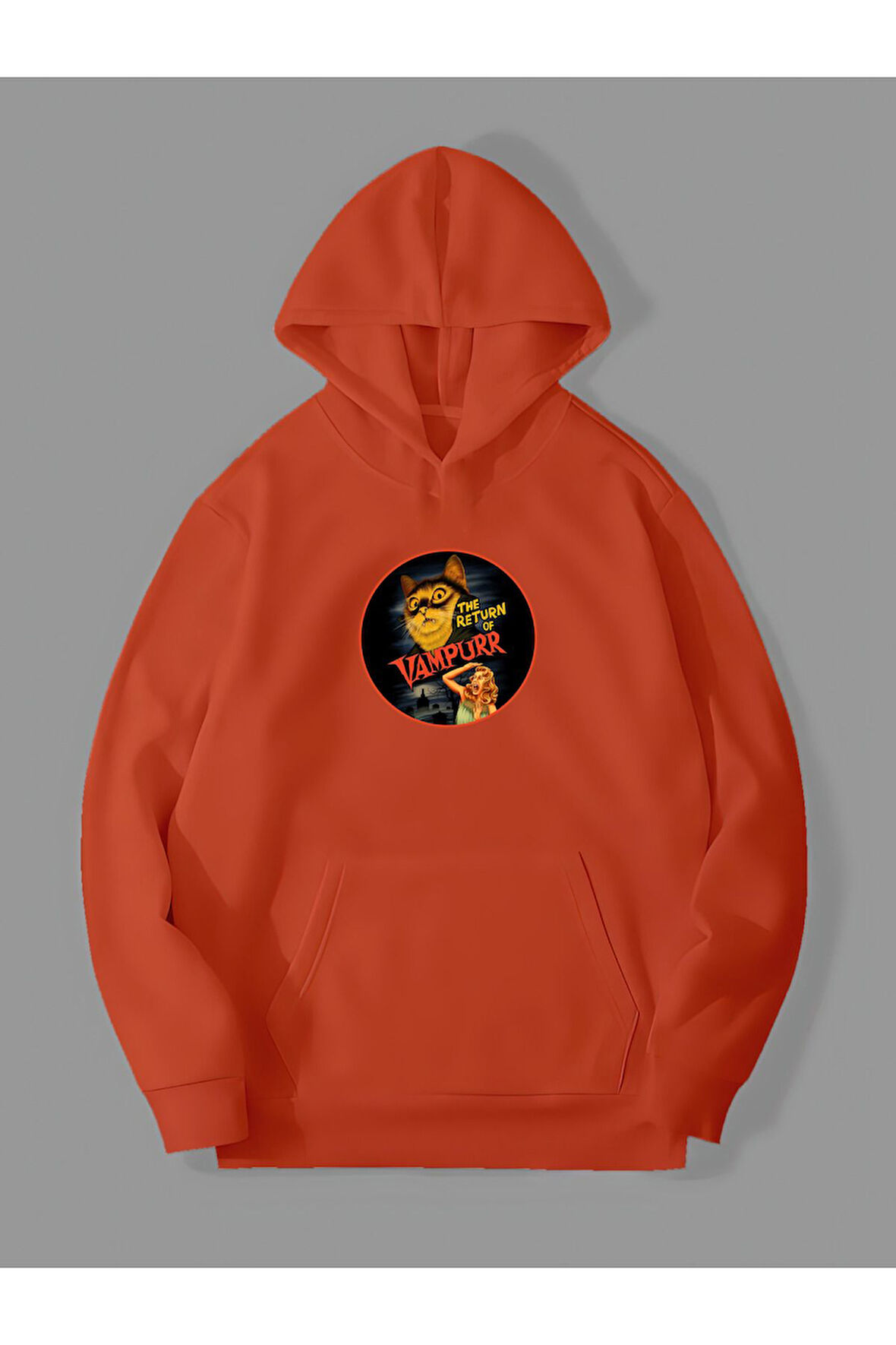 3 İplik Vampurr Baskılı Turuncu Kanguru Cepli Kapüşonlu Sweatshirt Hoodie | XL