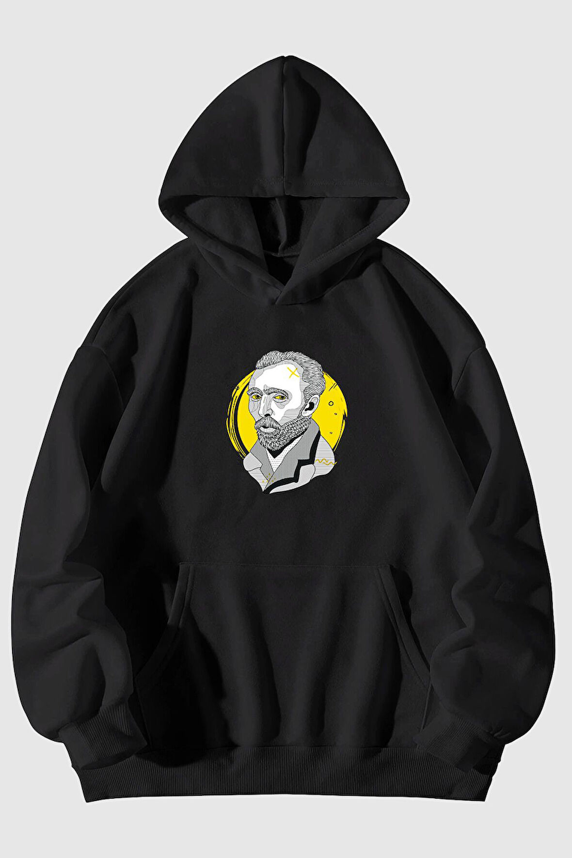 Vangogh Baskılı Unisex Siyah Kanguru Cepli Kapüşonlu Sweatshirt Hoodie | S