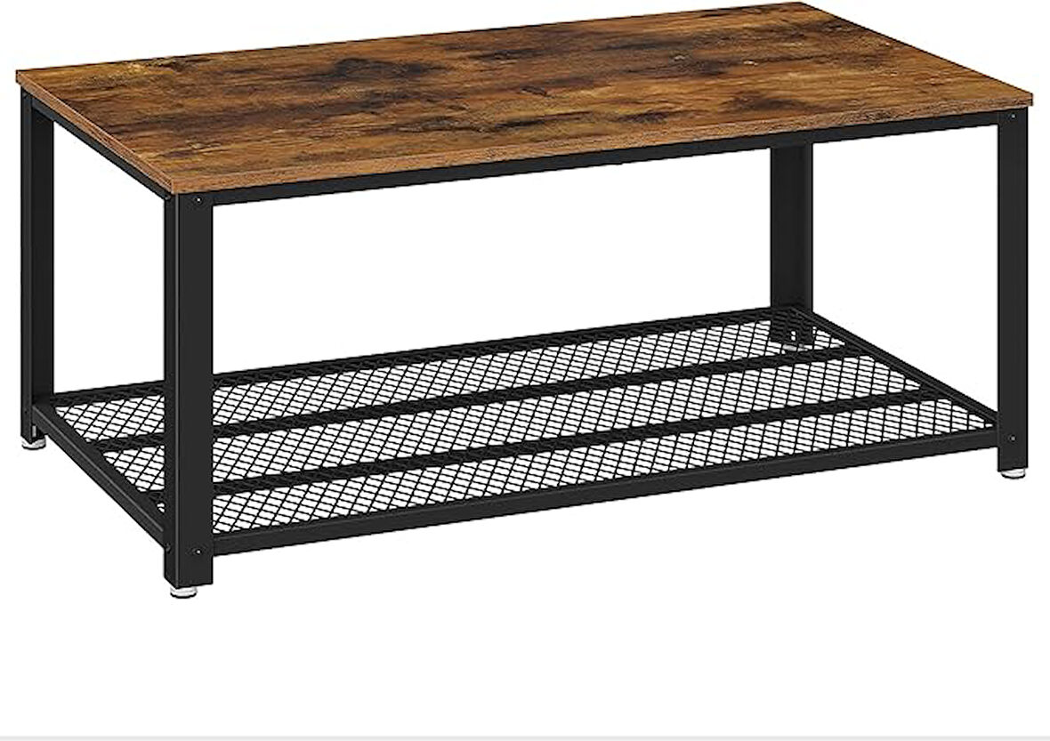 Vasagle Sehpa, 2 Katlı Oturma Odası Masası, Izgara Raflı, Tv Masası, Metal Çerçeve, Ayarlanabilir Ayaklar, Oturma Odası Için, Endüstriyel Tarz, Vintage Kahverengi/Siyah Lct61X