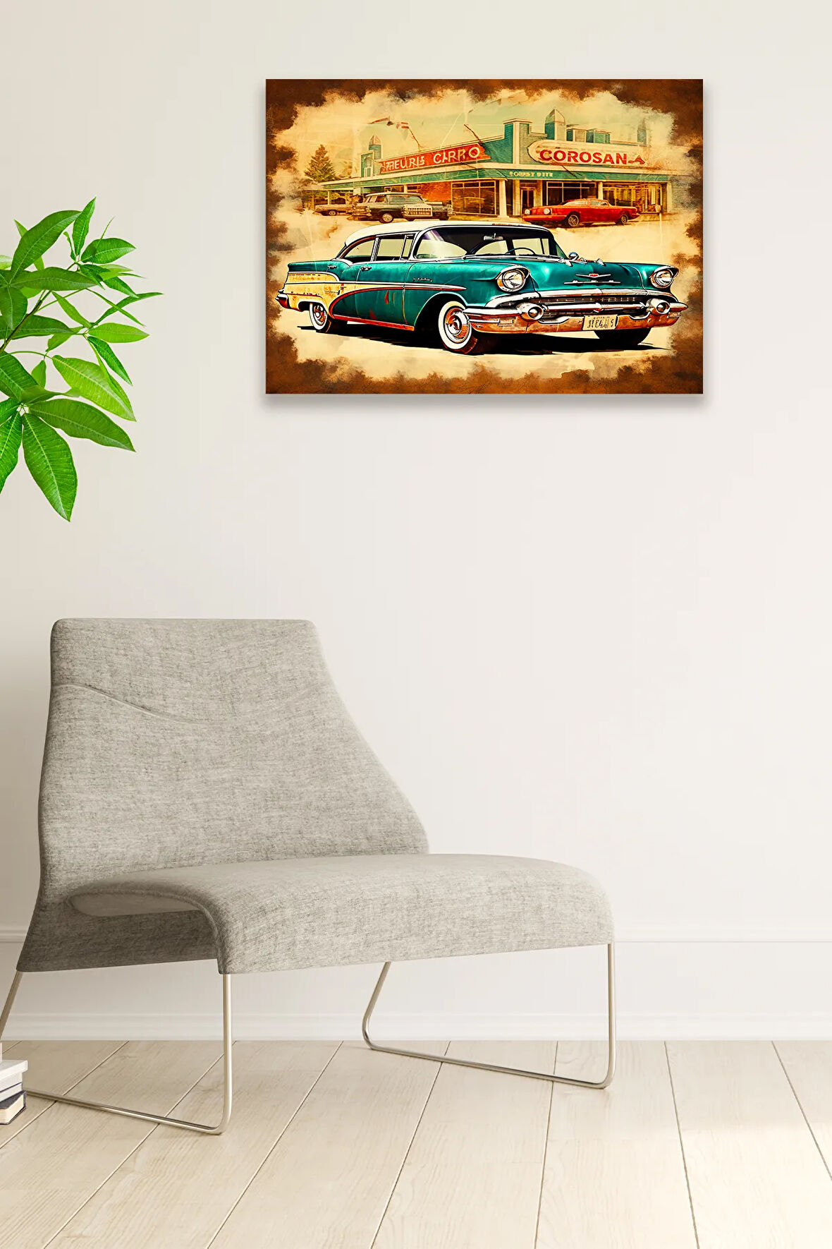 Eski Araba Vintage Nostaljik Tablo Modeli, Ev Dekorasyonu, Salon, Genç Odası Şık Ahşap Dekoratif Süs