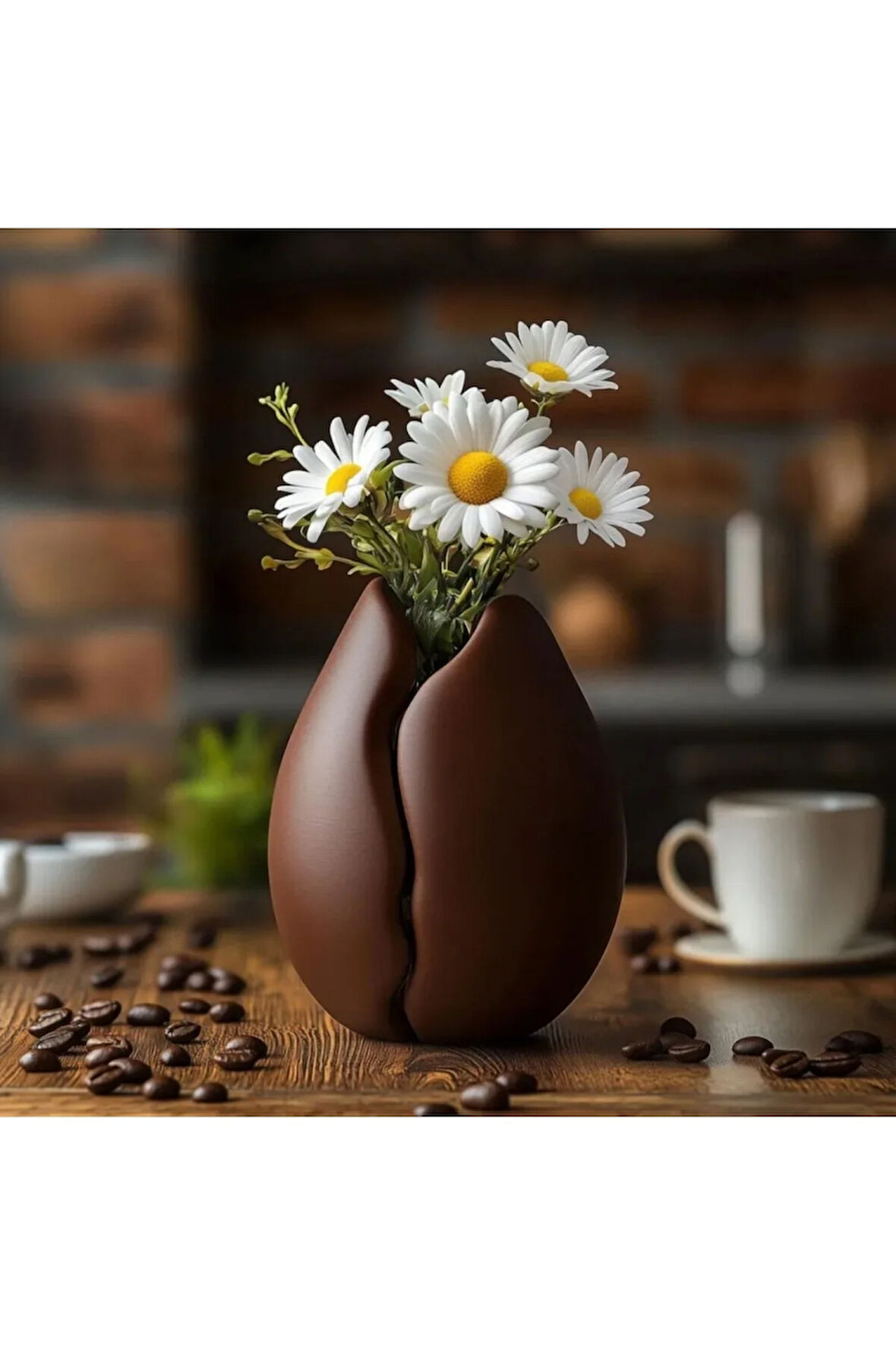 Kahve Çekirdeği Şeklinde PLA Çiçek Vazo - Modern Dekoratif Tasarım 20 cm 3D Yazıcı ile Üretilmiş