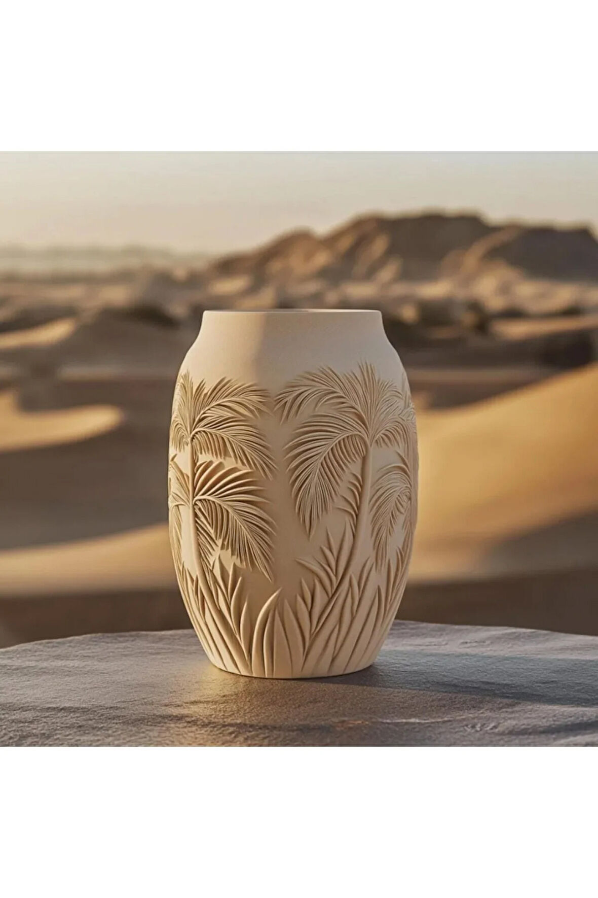 Tropikal Palm Desenli PLA Vazo - Çöl Esintisi Dekor 20 cm 3D Yazıcı ile Üretilmiş