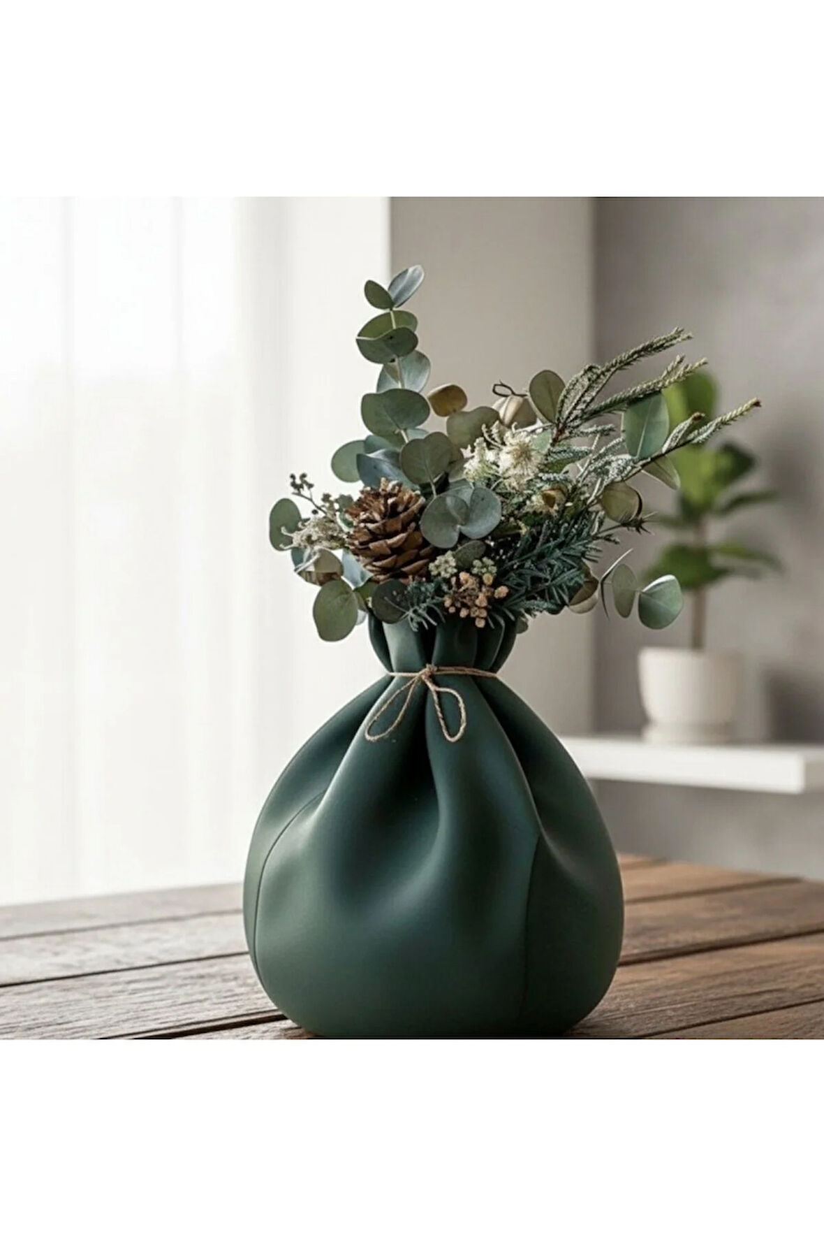 EKO HAKİ | Koleksiyon Serisi Büzgülü Kumaş Görünümlü | 3D Baskı Dekoratif Vazo (17x18x20 cm)