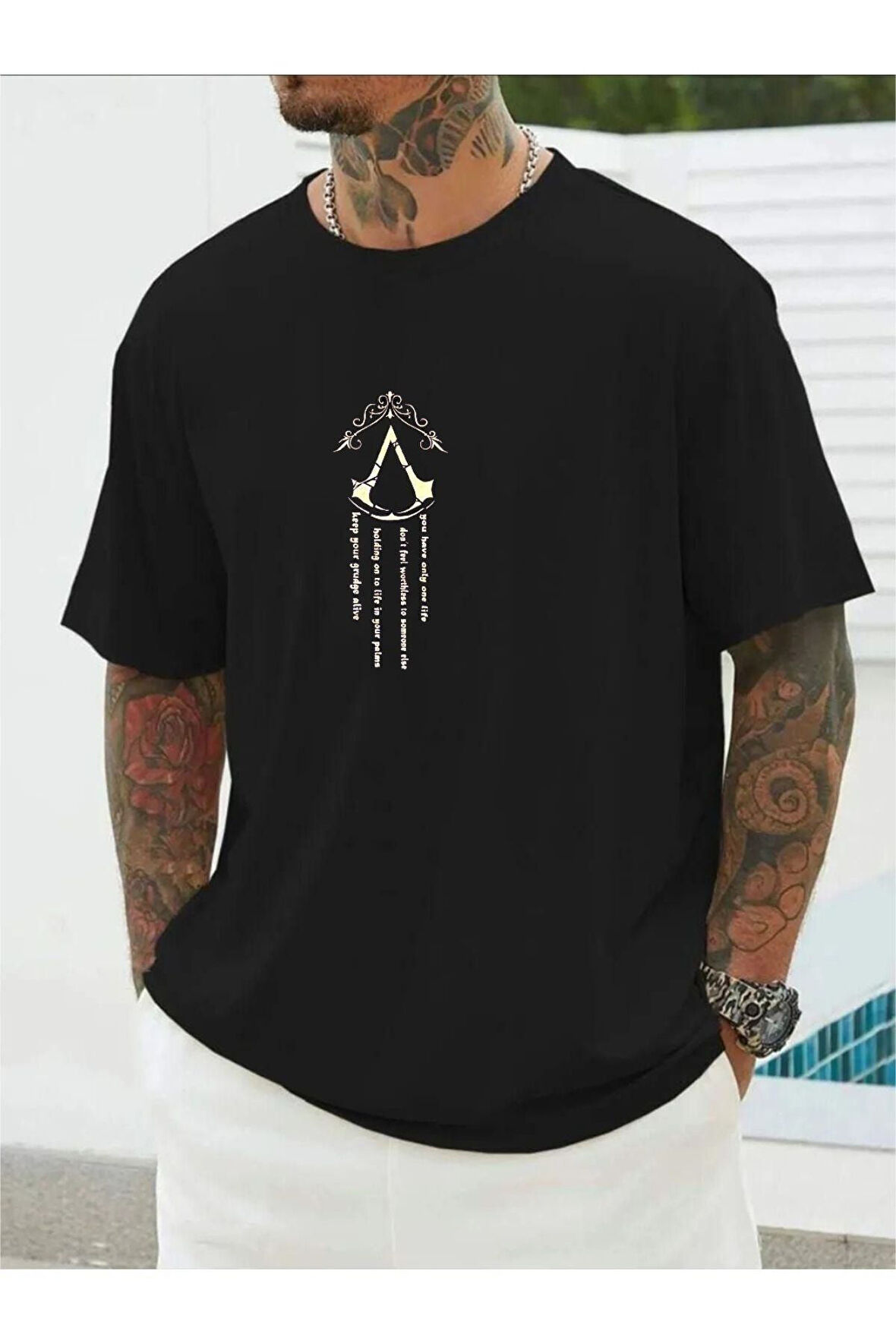 Erkek Siyah V Dikey Baskılı Oversize Bisiklet Yaka T-shirt