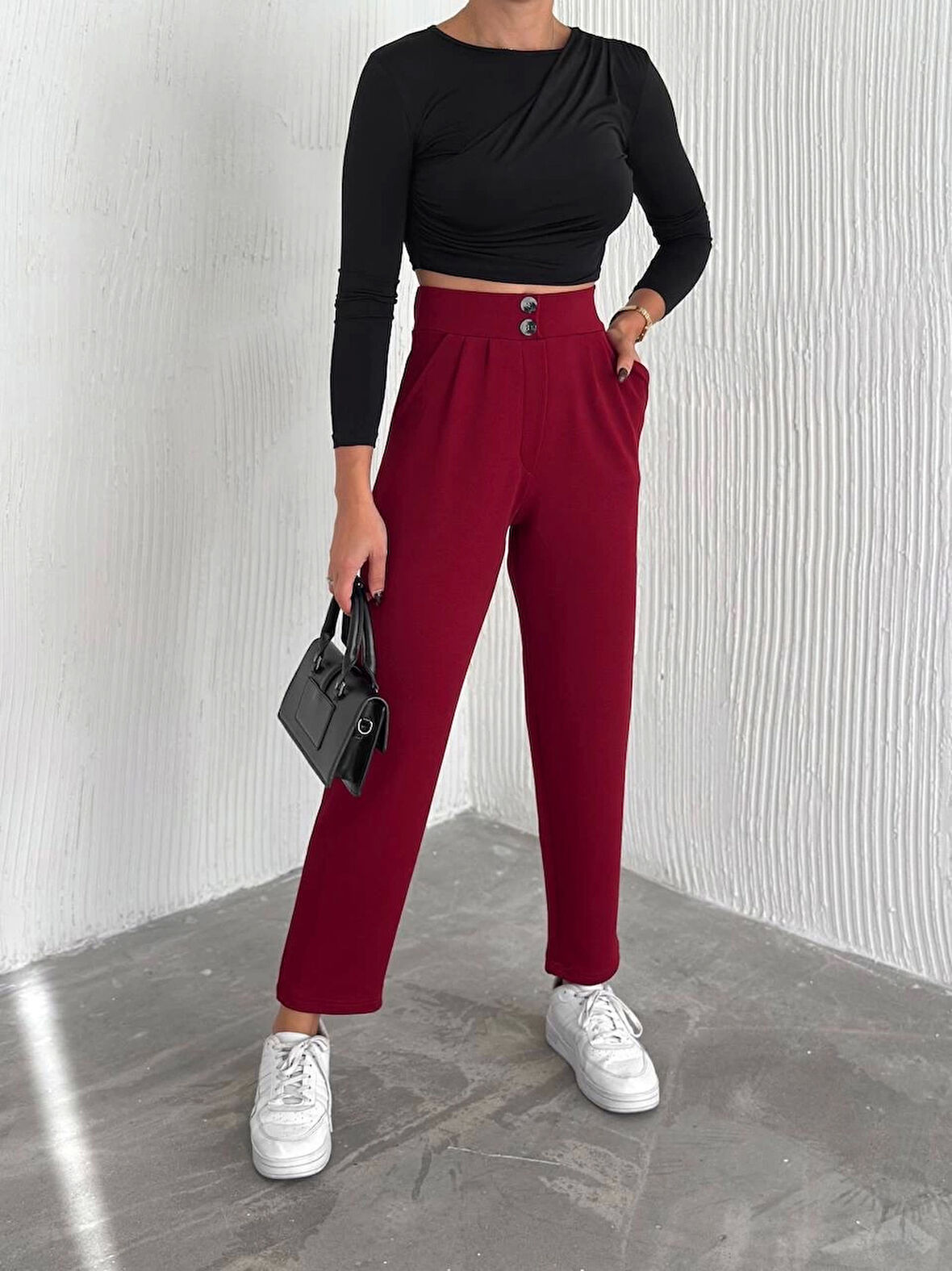 örme krep pantolon çift düğmeli