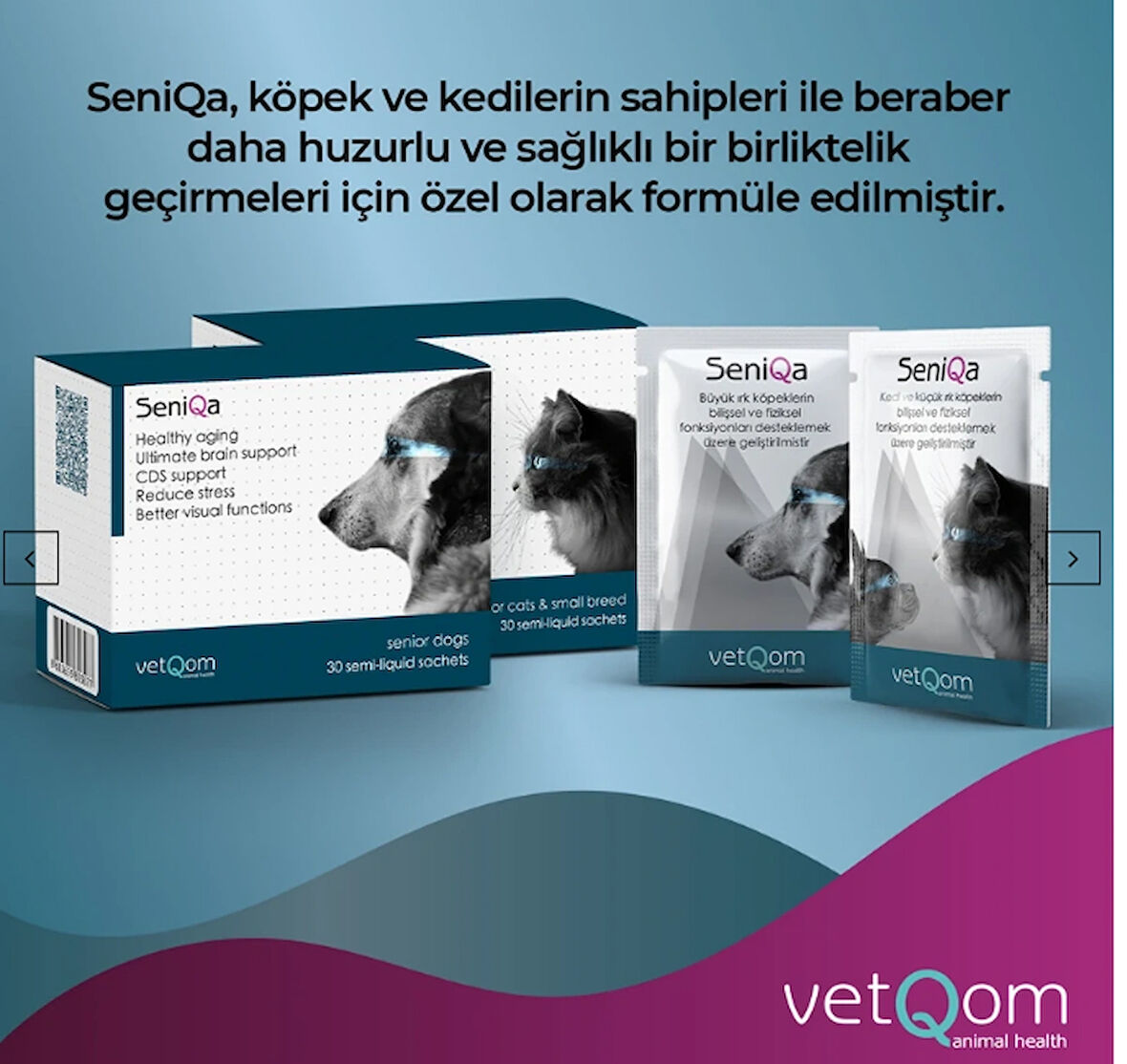 vetQom SeniQa Kedi ve Küçük Irk Köpek – Bilişsel ve Nörolojik Fonksiyon Destekleyici – 30 saşe