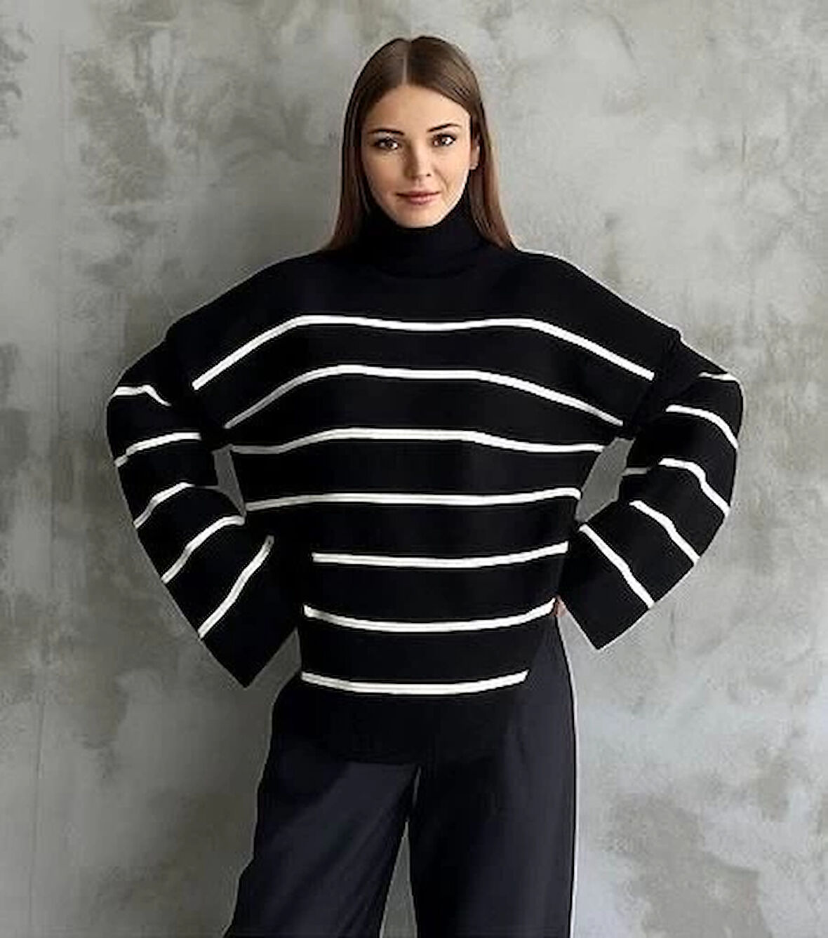 Çizgili ispanyol kol triko boğazlı kazak siyah elf