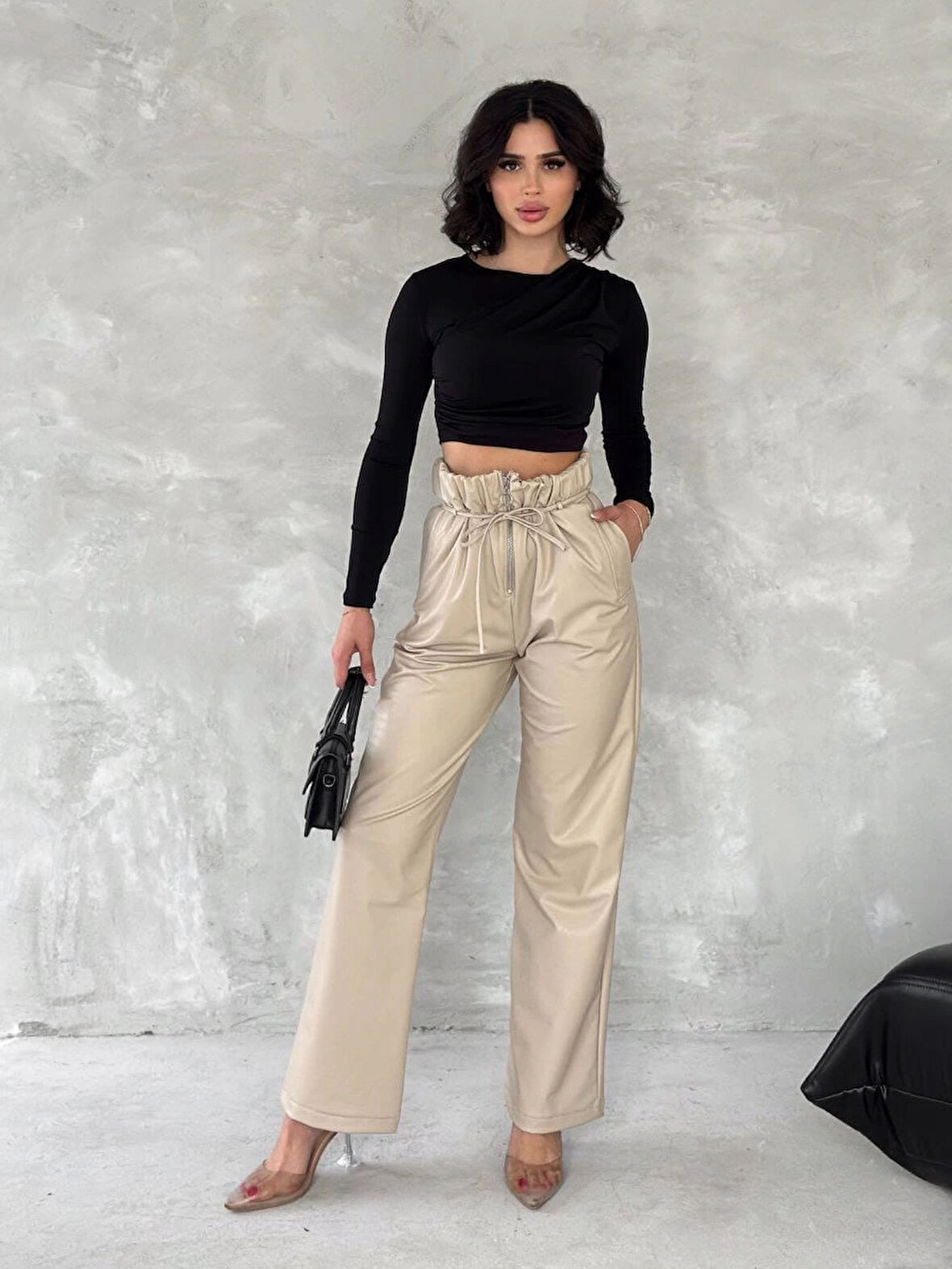 Kendinden ince kemerli deri pantolon bej t1178