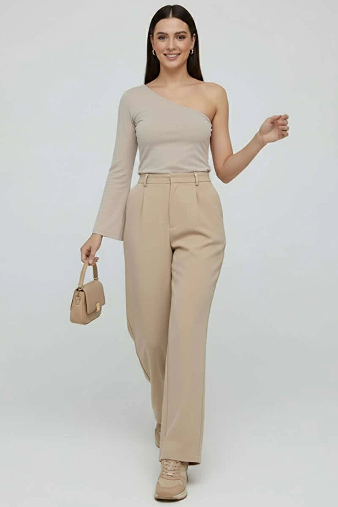 Tek Omuzlu Basic Bluz Vizon T4275