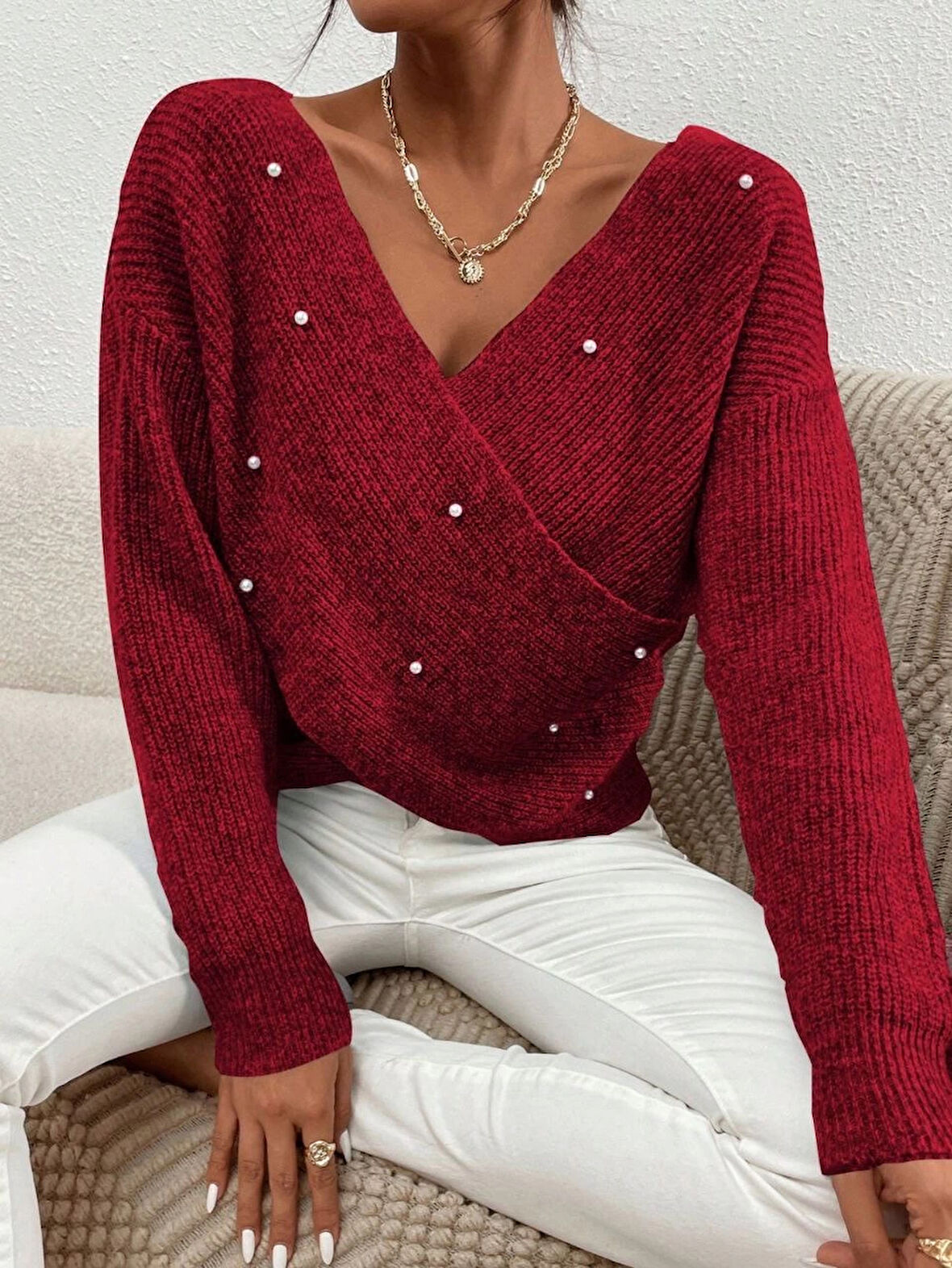 İncili çapraz kazak bordo