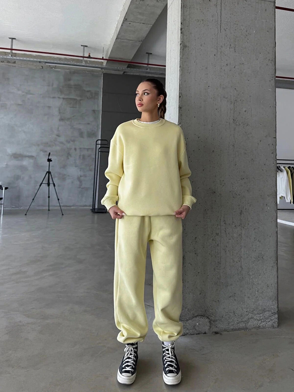 3 iplik şardonlu Lastik paça eşofman sarı p510439