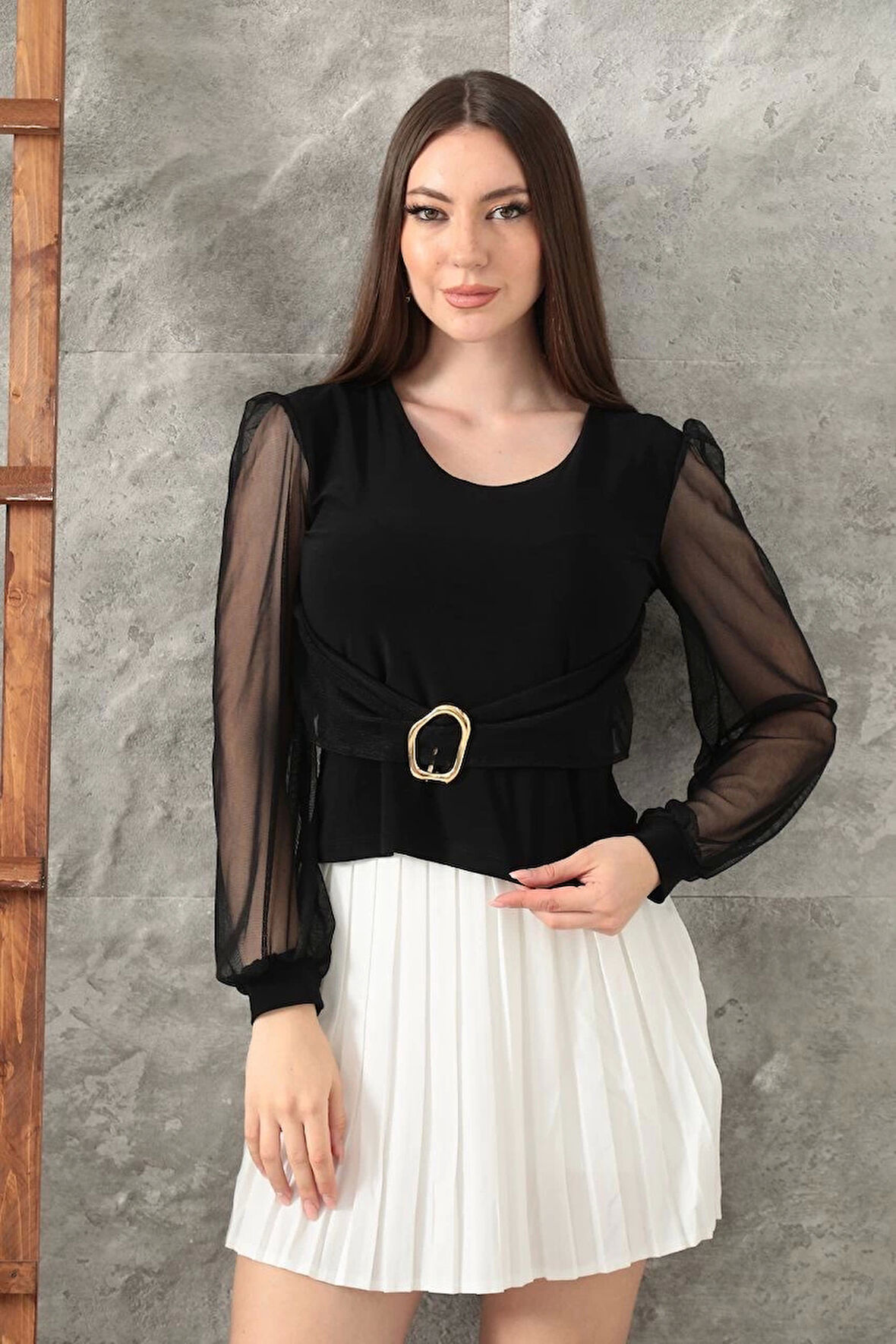 Tokalı tül kollu bluz siyah t4071