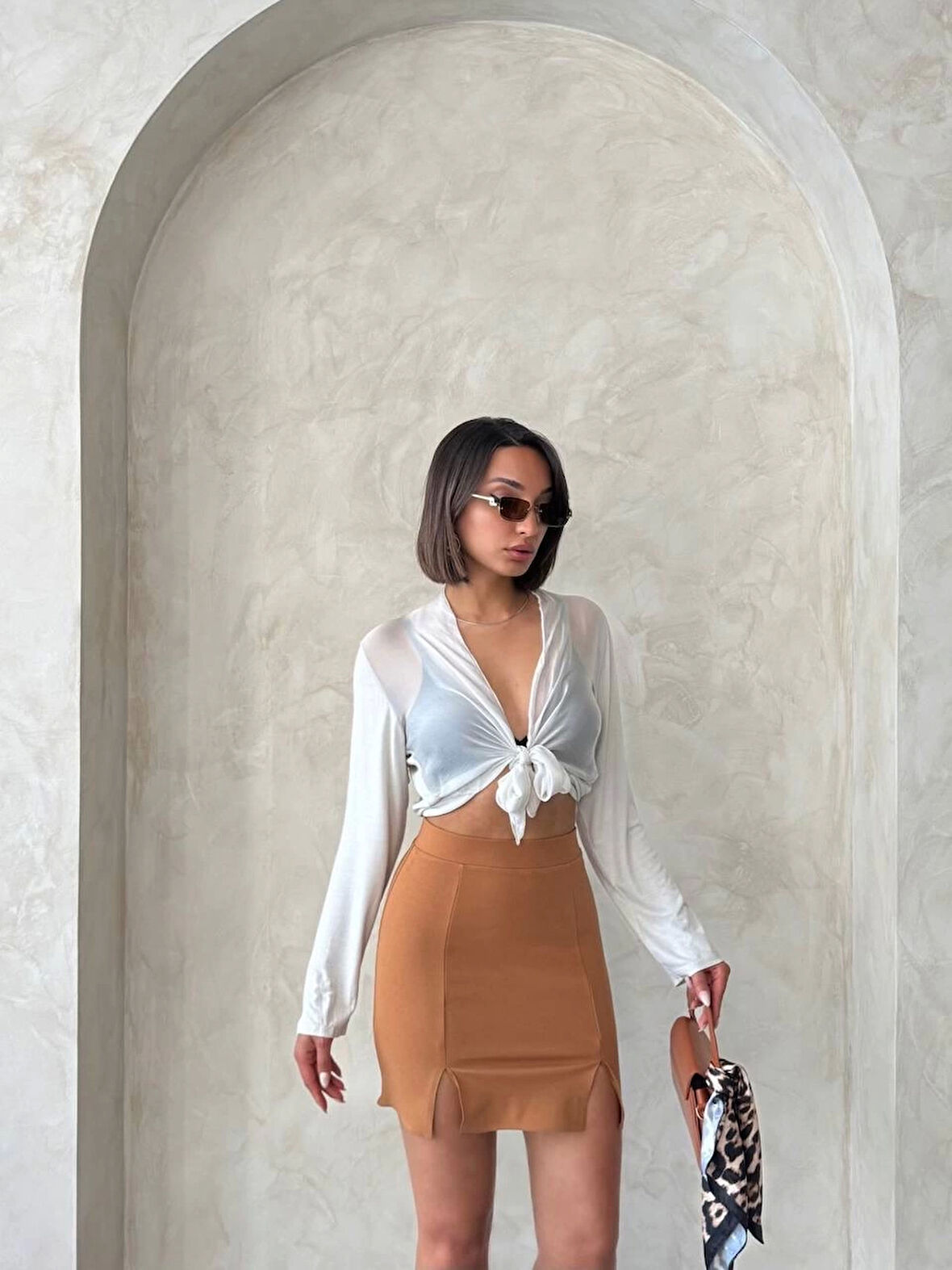 Çift yırtmaçlı etek camel s25910