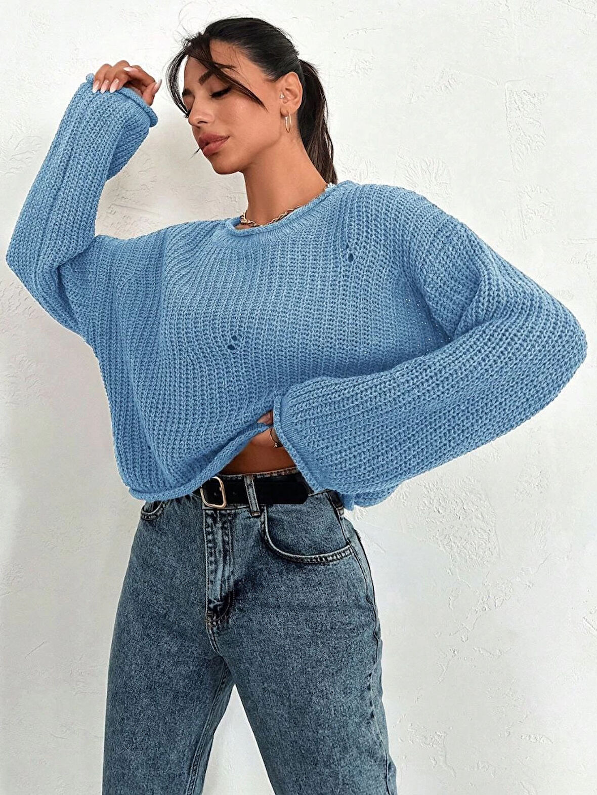 Salaş delik detaylı kazak mavi