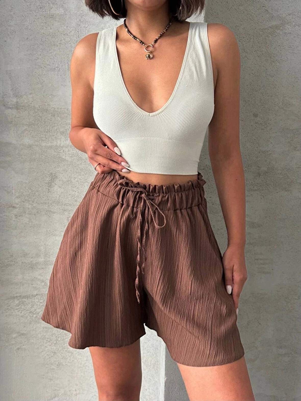 Volanlı keten şort kahve s255058
