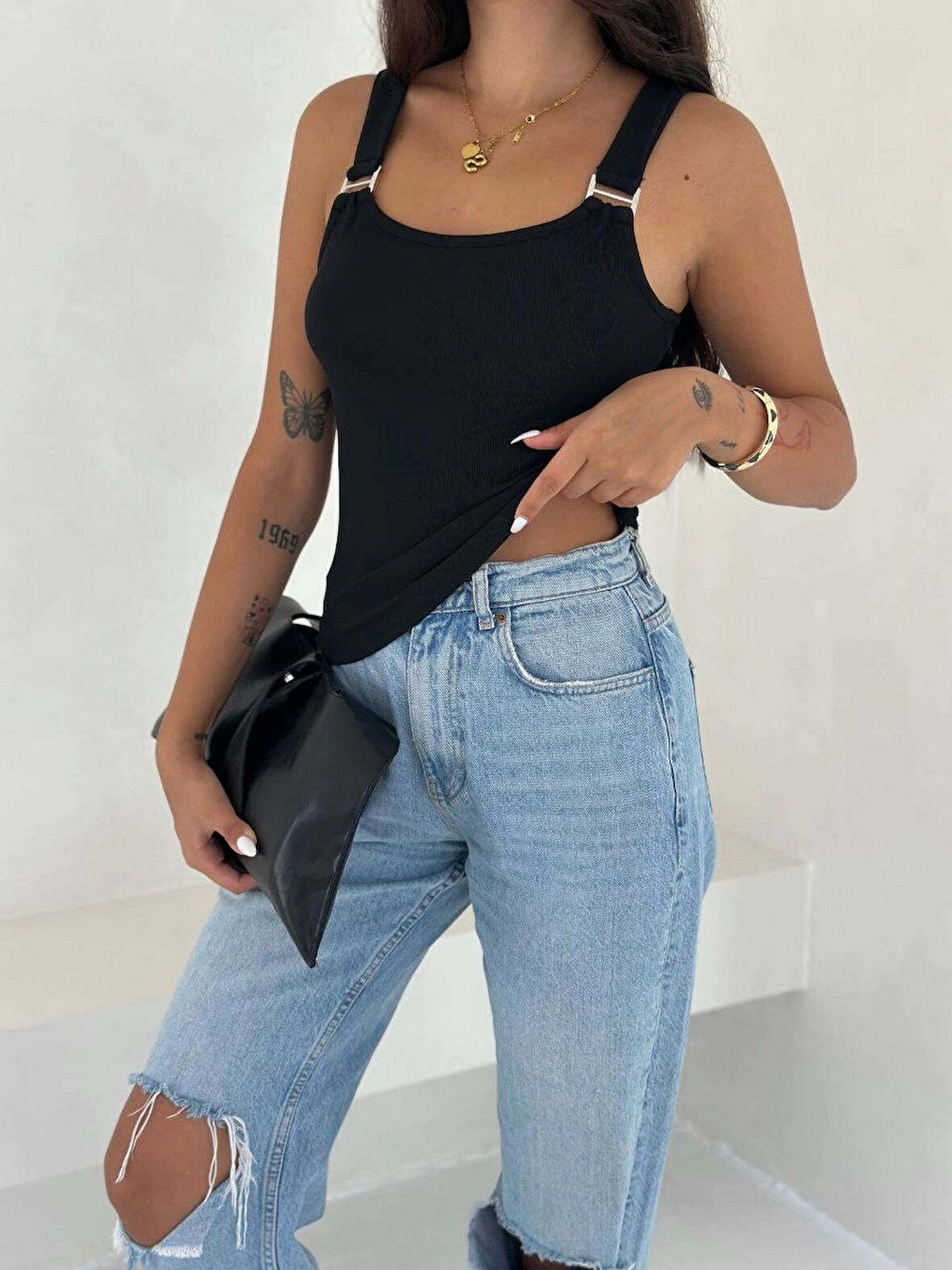 Ottoman toka askılı bluz siyah s4194