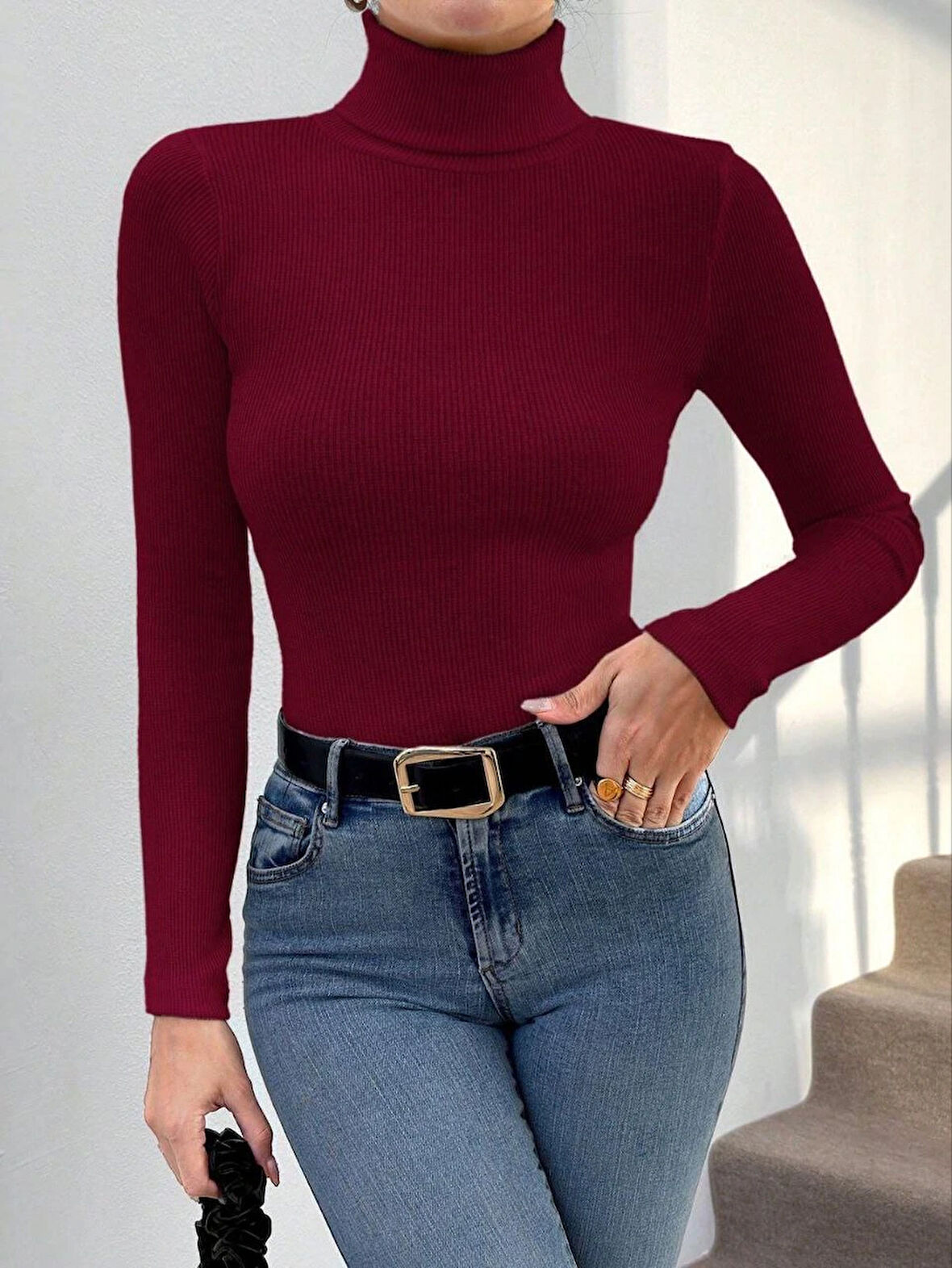 Balıkçı yaka dar kesim kaşkorse kazak bordo w3103