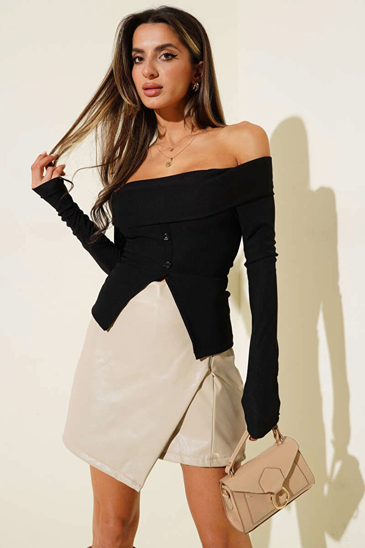 Madonna Yaka Düğmeli Bluz siyah t4329