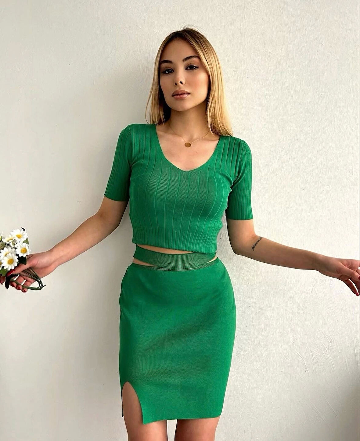 Etekli triko takım yeşil t23107