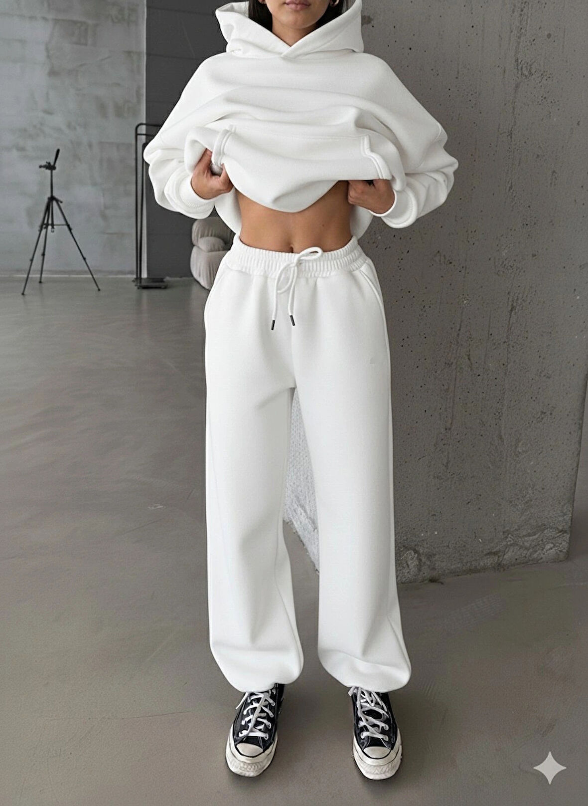 3 iplik şardonlu Lastik paça eşofman beyaz p510439