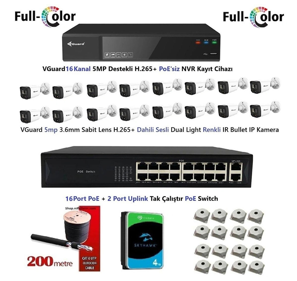 VGuard 5mp Dahili Sesli Ve Gece Renkli 16 Kameralı Tak Çalıştır Hazır IP Kamera Seti 4TB Disk