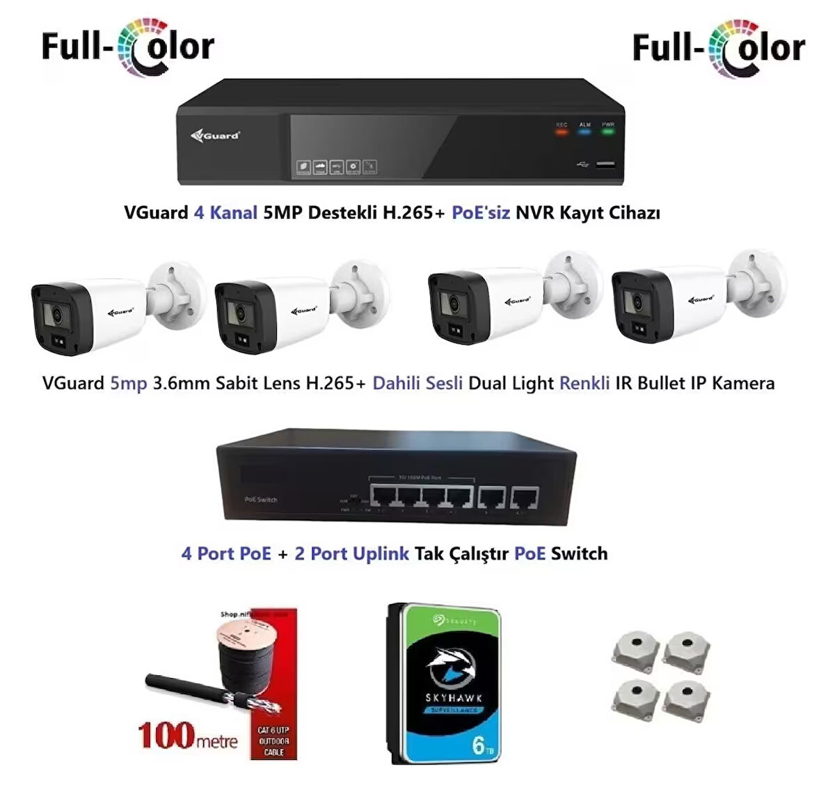 VGuard 5mp Dahili Sesli Ve Gece Renkli 4 Kameralı Tak Çalıştır Hazır IP Kamera Seti 6TB Disk