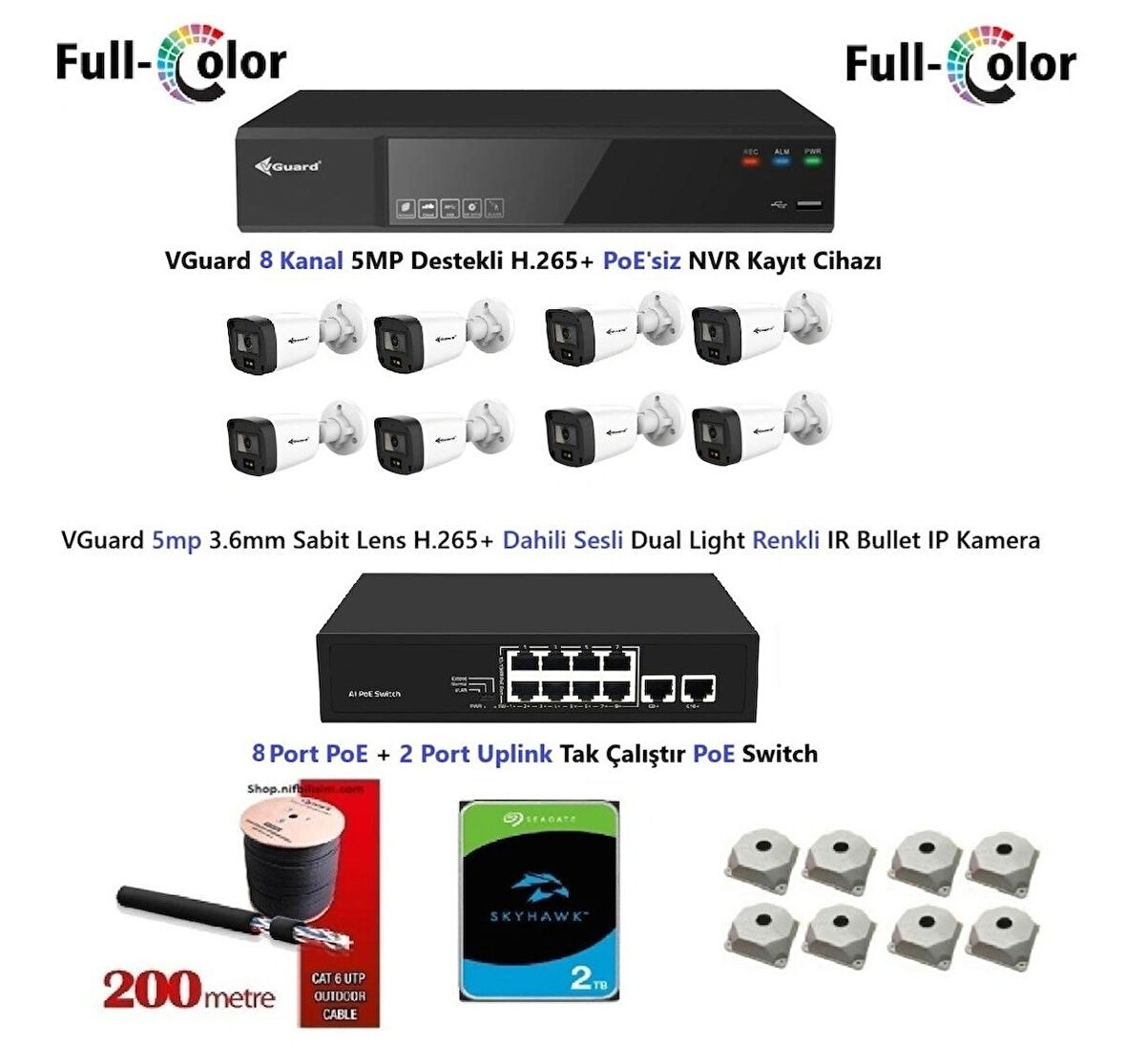 VGuard 5mp Dahili Sesli Ve Gece Renkli 8 Kameralı Tak Çalıştır Hazır IP Kamera Seti 2TB Disk