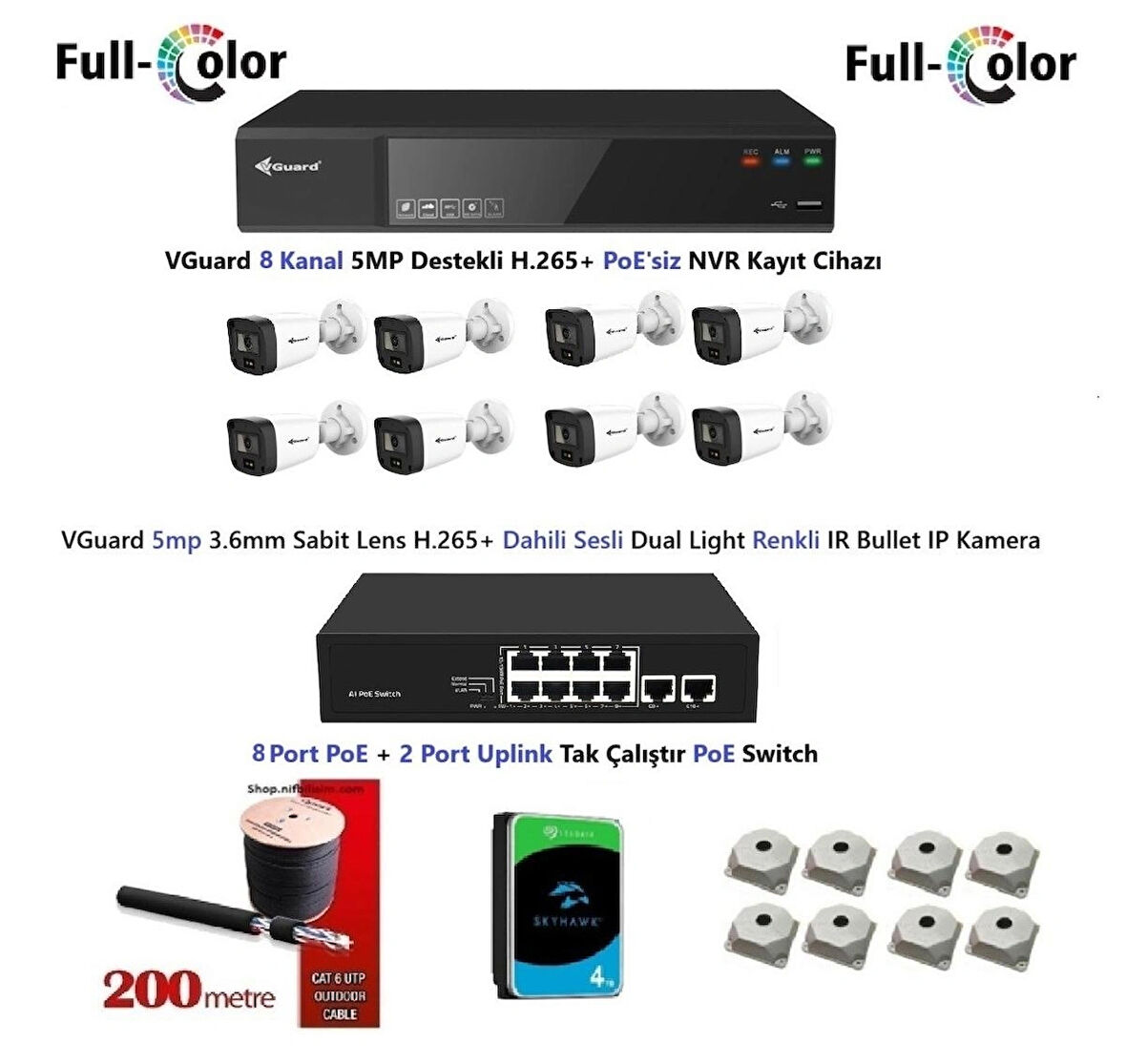 VGuard 5mp Dahili Sesli Ve Gece Renkli 8 Kameralı Tak Çalıştır Hazır IP Kamera Seti 4TB Disk