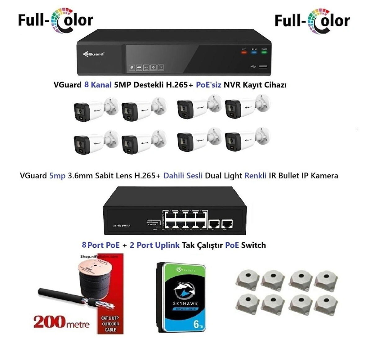 VGuard 5mp Dahili Sesli Ve Gece Renkli 8 Kameralı Tak Çalıştır Hazır IP Kamera Seti 6TB Disk