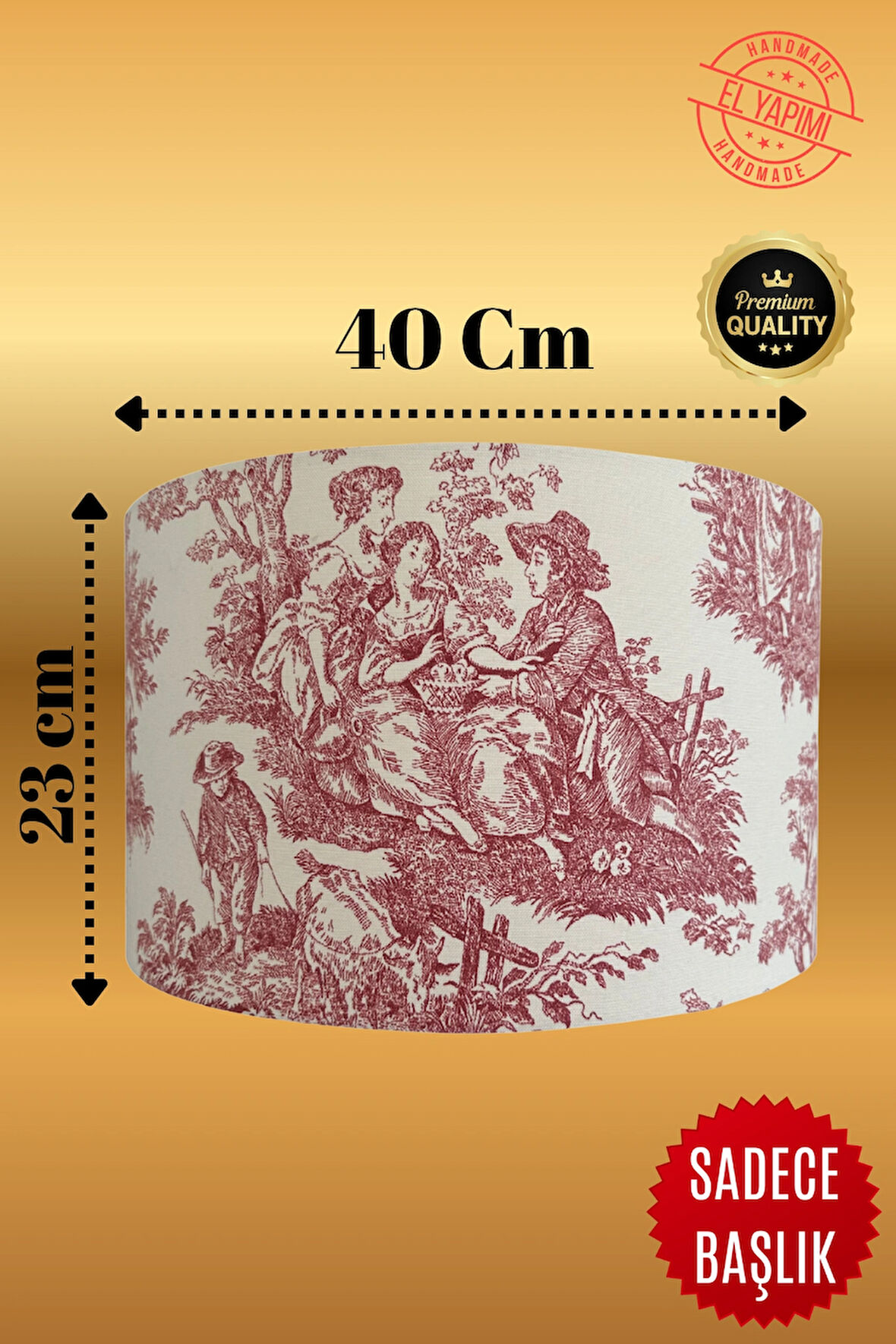 Kırmızı Vintage Toile de Jouy Desenli Lambader Başlığı