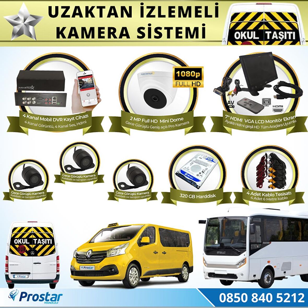 Okul Servis Kamera Sistemi Seti Uzaktan izlemeli 4 Kameralı 7" Hdmi Monitör 320 GB Harddisk dahil
