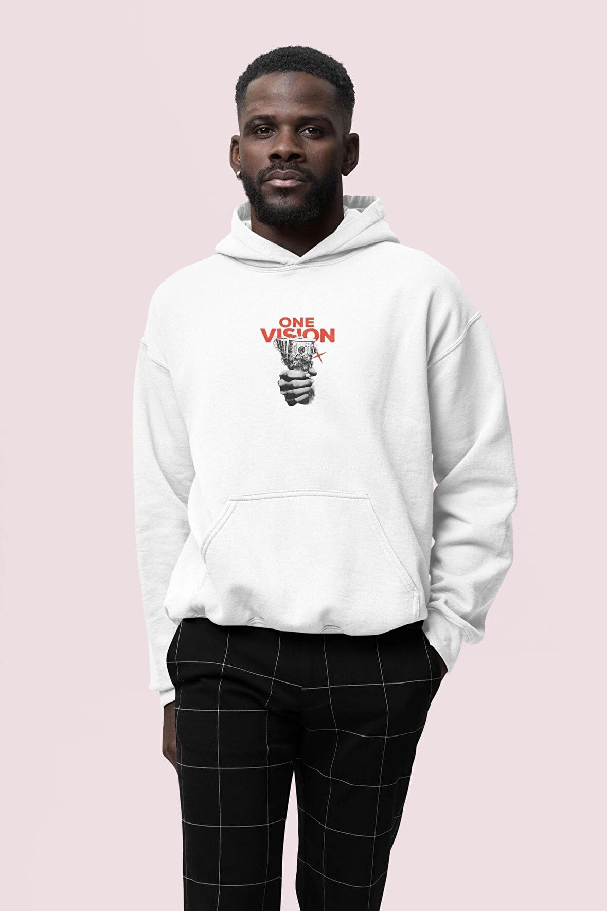 Vision Baskılı Beyaz Erkek Kapüşonlu 3 iplik Şardonlu Ribanalı Sweatshirt Hoodie