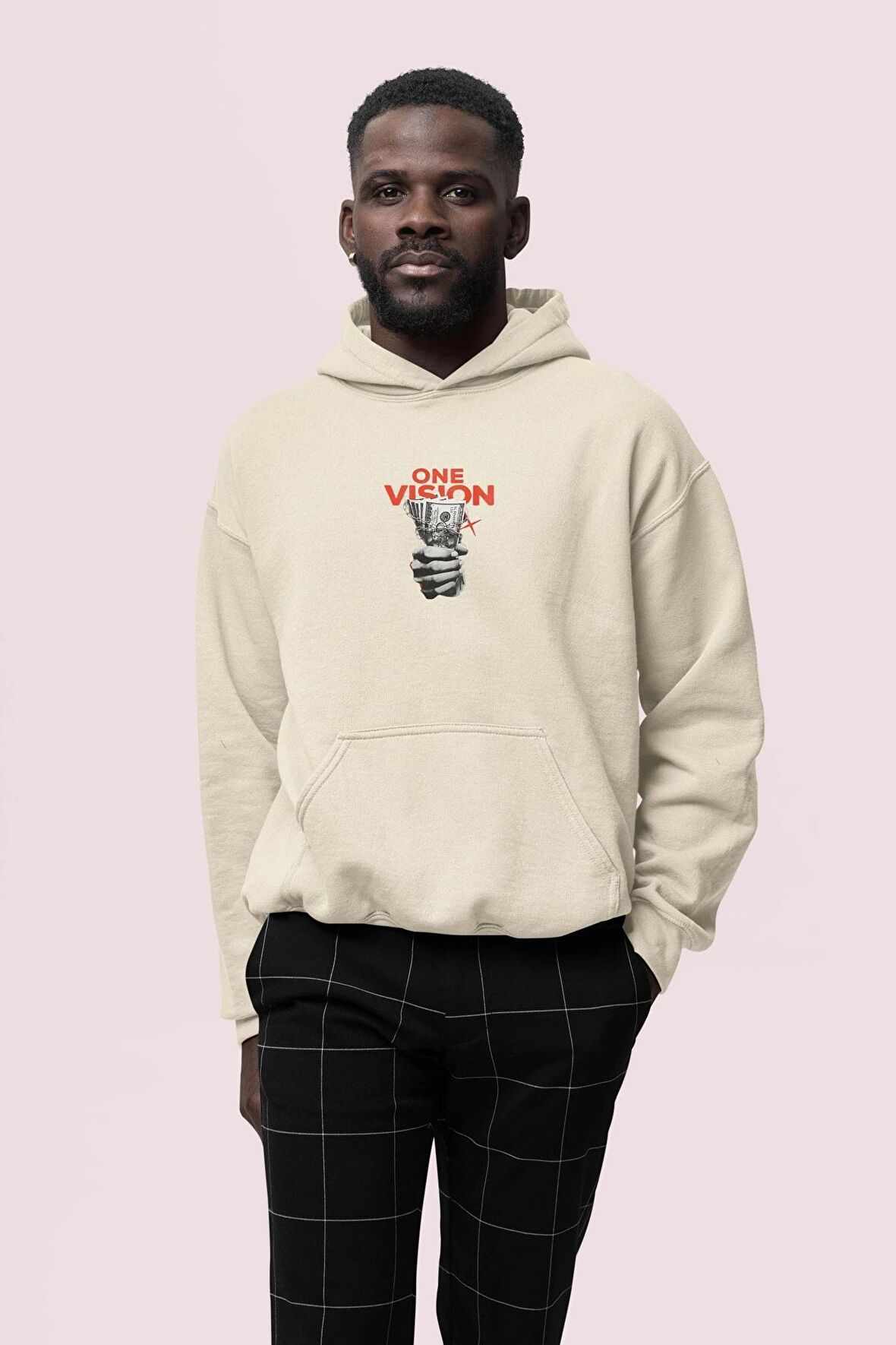 Vision Baskılı Bej Erkek Kapüşonlu 3 iplik Şardonlu Ribanalı Sweatshirt Hoodie