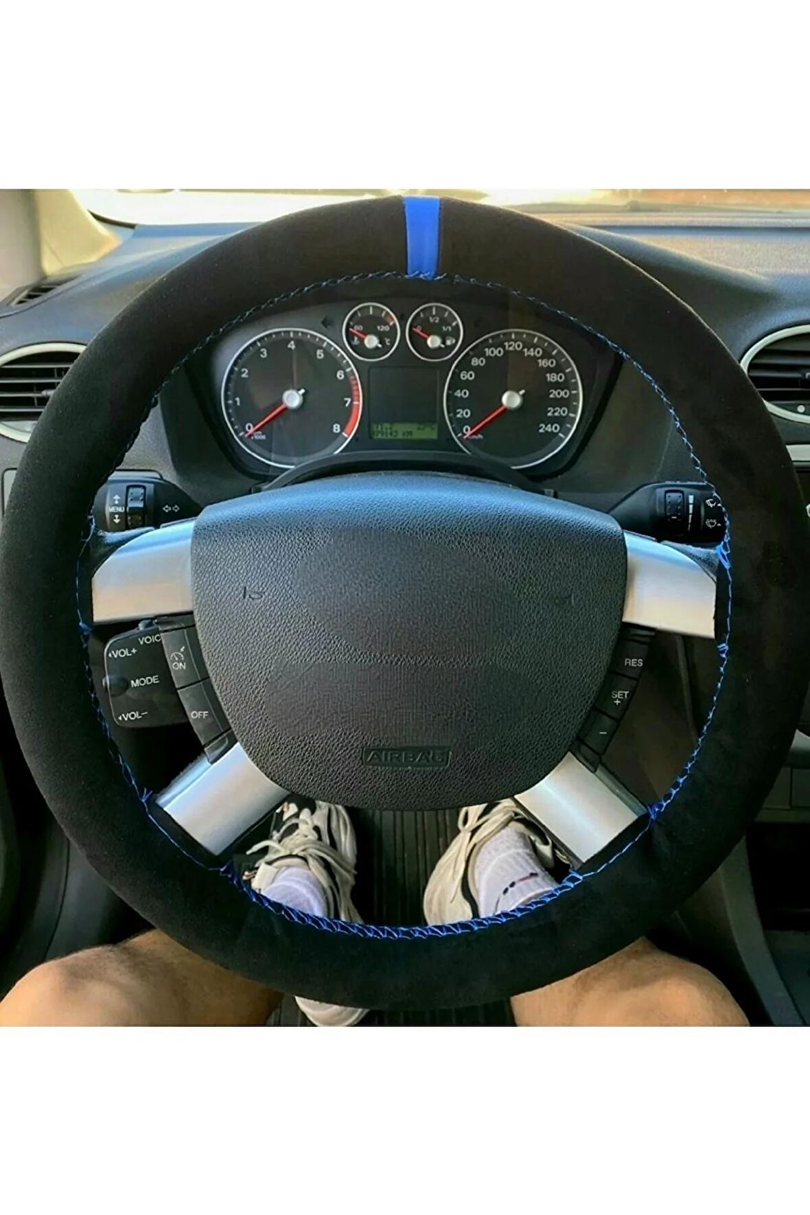 Ford Connect Uyumlu Dikmeli Direksiyon Kılıfı Alkantra Mavi Yüzüklü