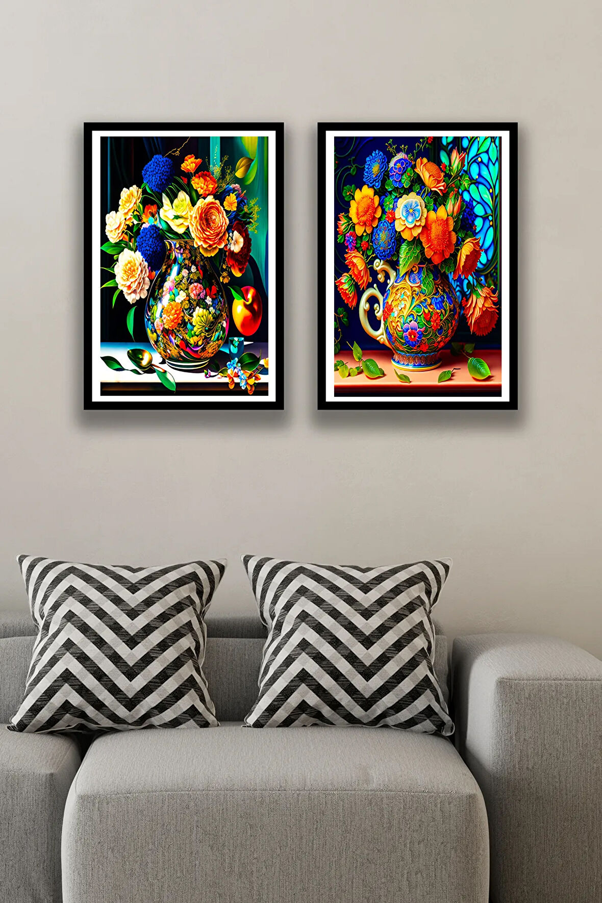 Çiçek Vazo Ev Dekorasyonu 2'li Tablo Modeli, Oturma Odası, Yatak Odası, Ofis, Modern Şık Tablo Seti
