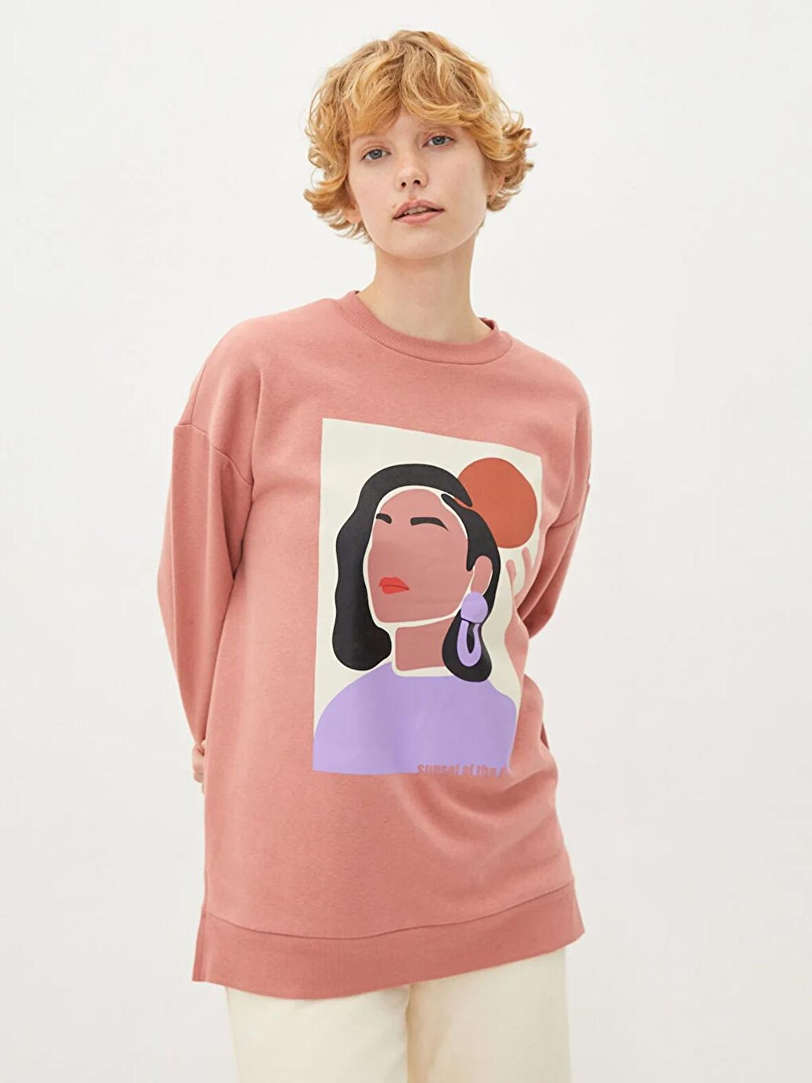 Bisiklet Yaka Baskılı Uzun Kollu Kadın Sweatshirt