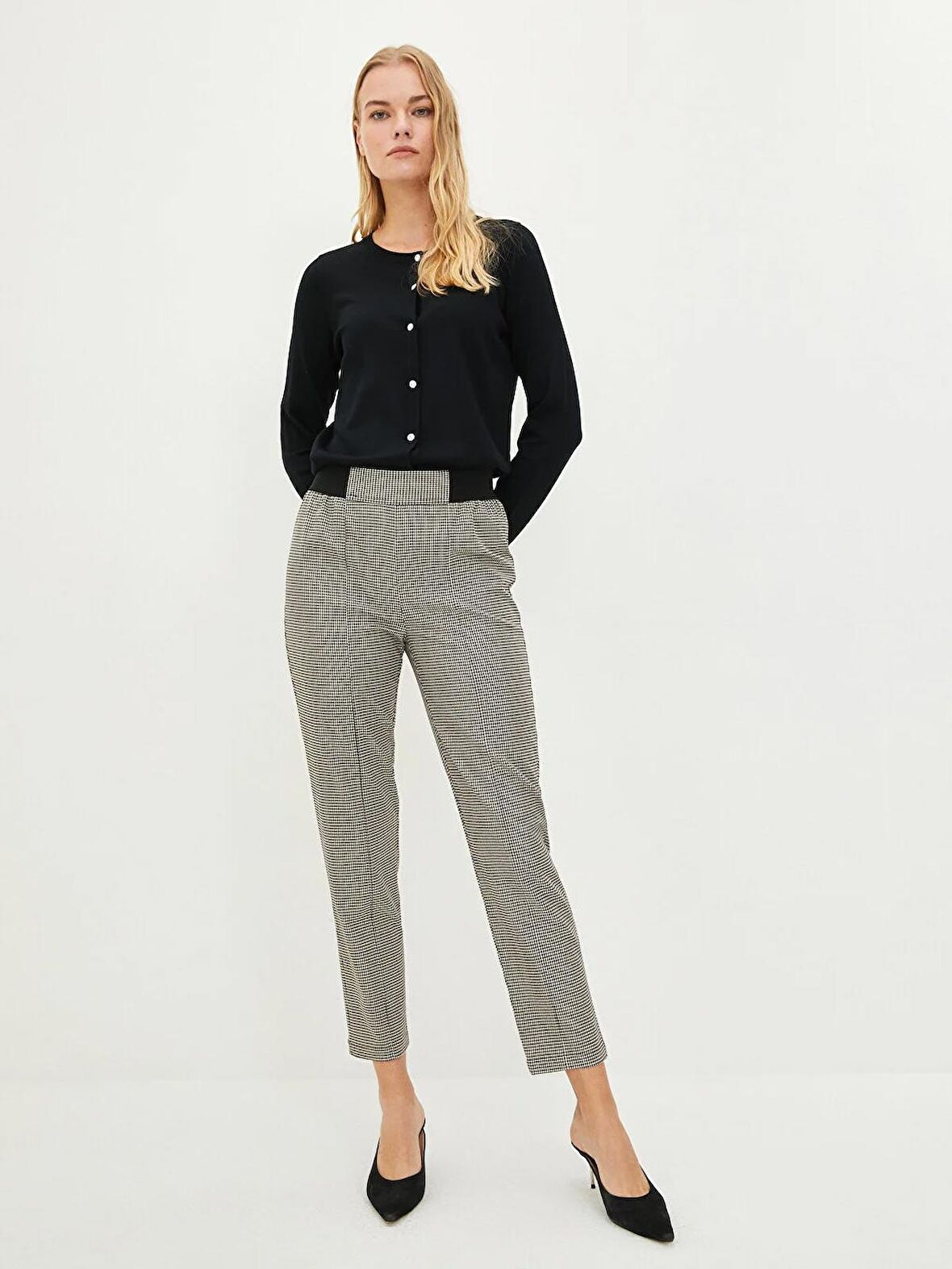 Beli Lastikli Slim Fit Ekose Kadın Pantolon