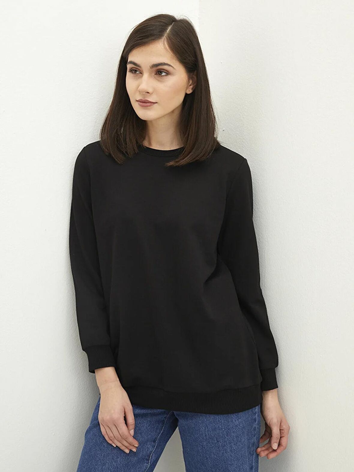 Bisiklet Yaka Düz Uzun Kollu Kadın Sweatshirt